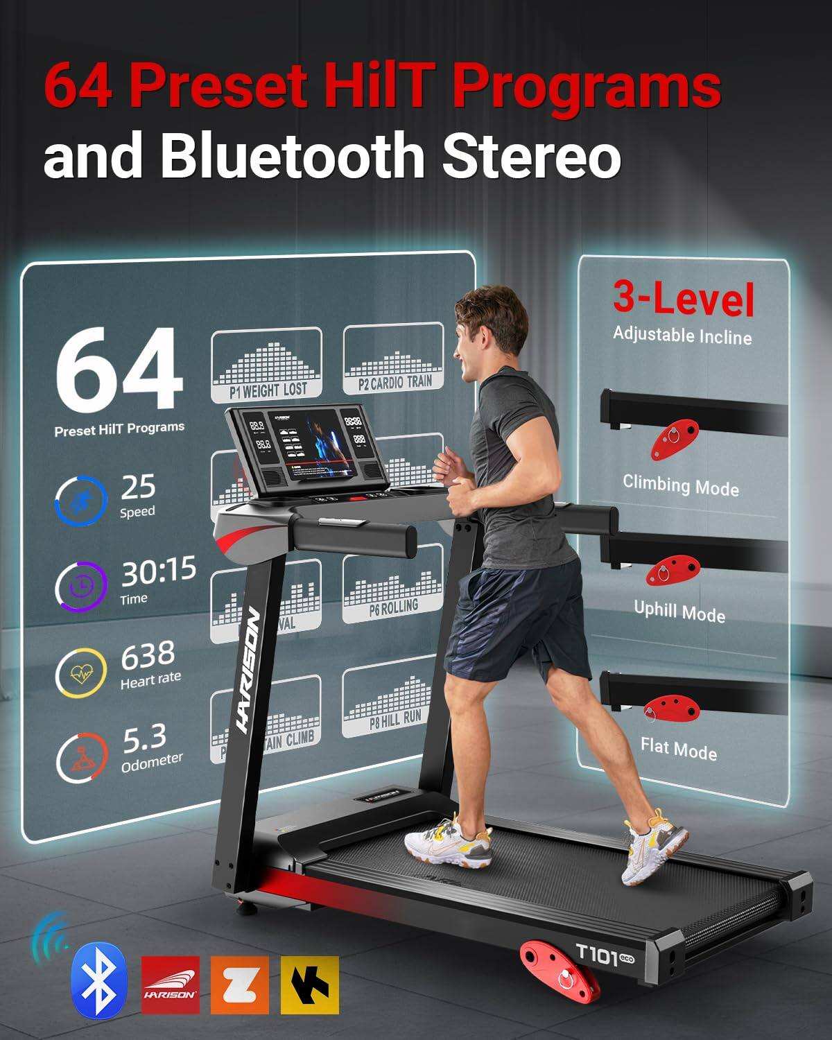 64 Preset HIIT Programs and Bluetooth Stereo

64 Preset HIIT Programs

25 Speed

30:15 Time

638 Heart rate

5.3 Odometer

3-Level Adjustable Incline Climbing Mode

Climbing Mode

Uphill Mode

Flat Mode

P1 WEIGHT LOST

P2 CARDIO TRAIN

P6 ROLLING

P9 HILL RUN

Harrison T101