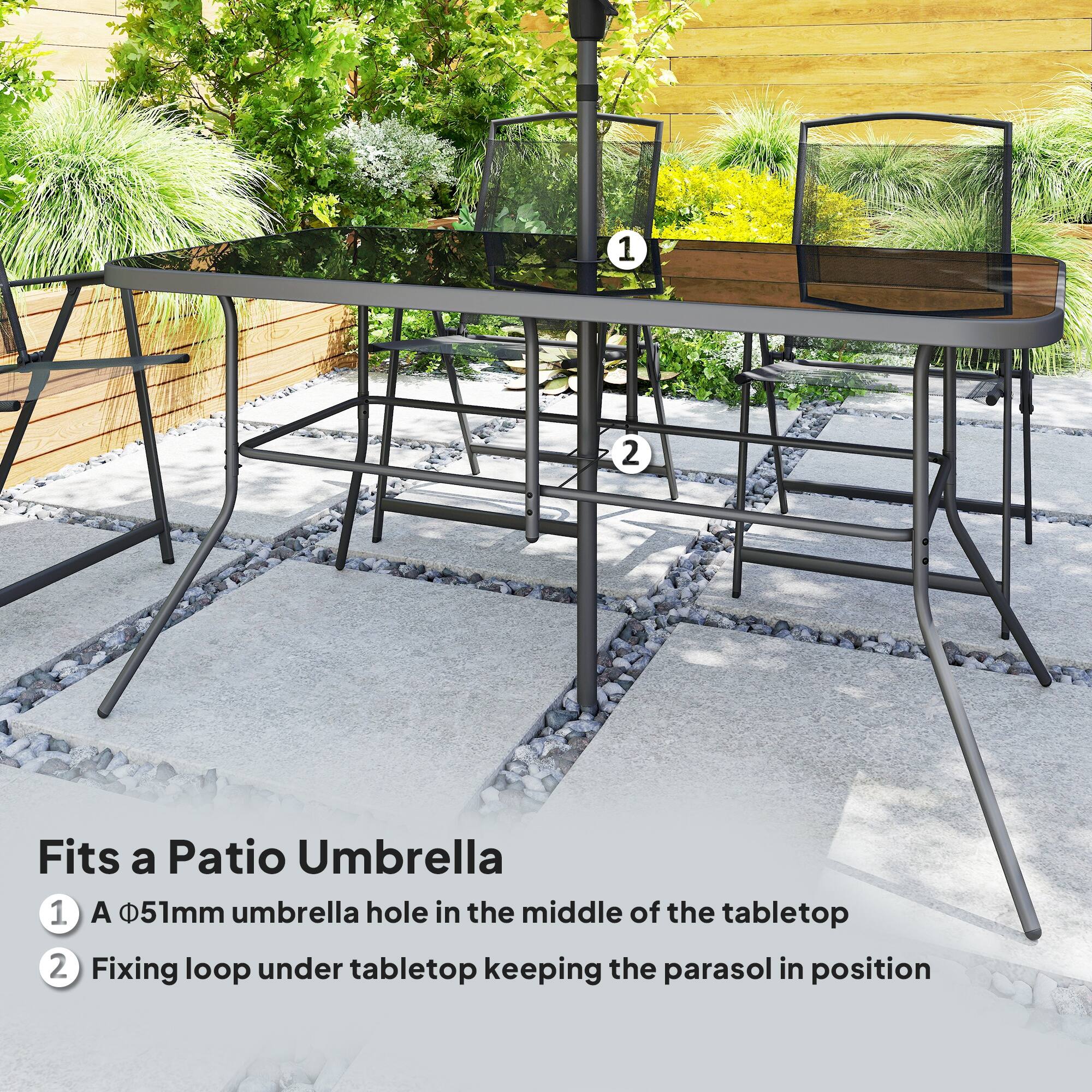 Fits a Patio Umbrella

1. A Ø51mm umbrella hole in the middle of the tabletop
2. Fixing loop under tabletop keeping the parasol in position
