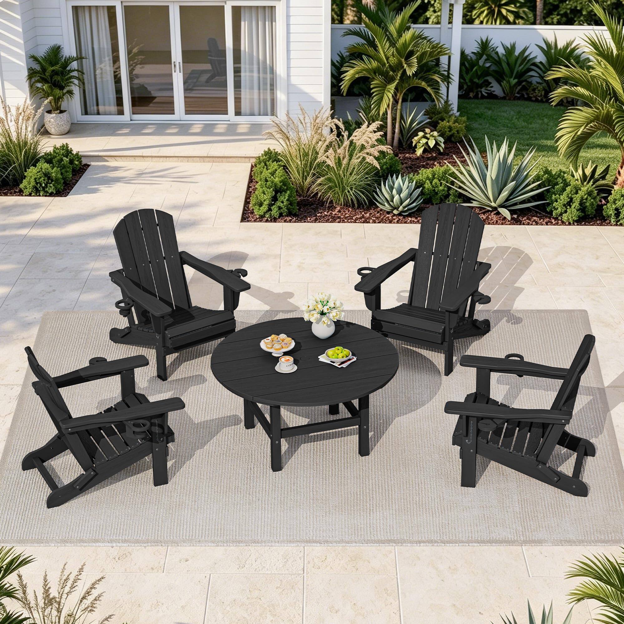 SERWALL 35.5'' Round Outdoor Coffee Table with Umbrella Hole Black ...
