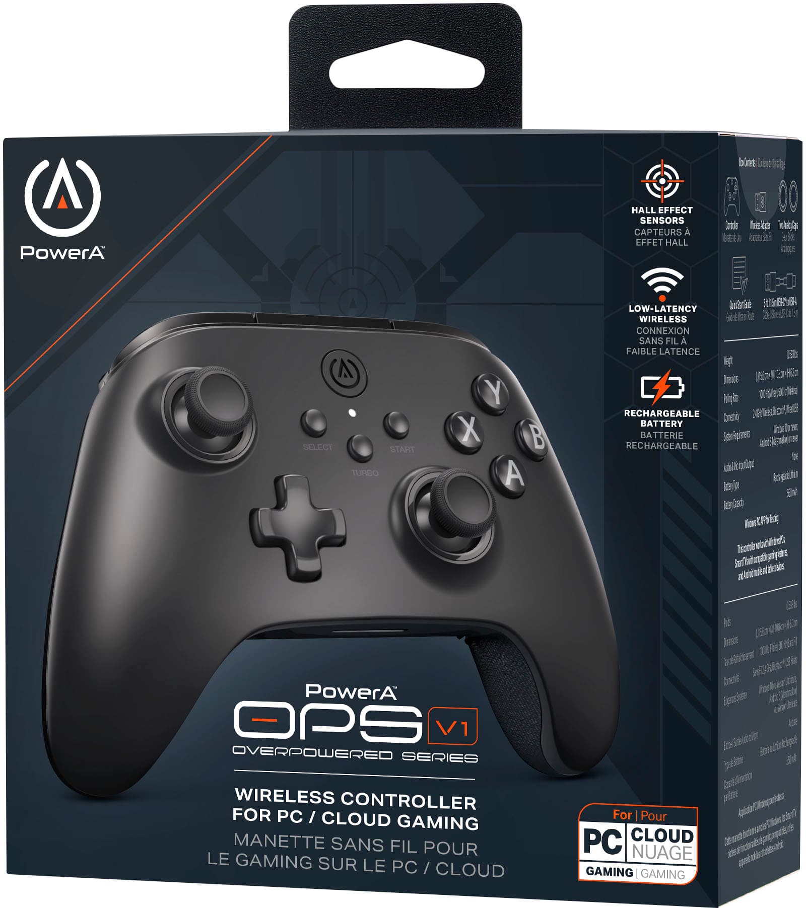 The PowerA OPS V1 Wireless Controller for PC/Cloud Gaming is a wireless controller designed for PC and cloud gaming. It features Hall Effect sensors for precise motion control and low-latency wireless connection for a responsive gaming experience. The controller also includes a rechargeable battery and a big, easy-to-read display. It is compatible with PC and cloud gaming platforms and is available in French.