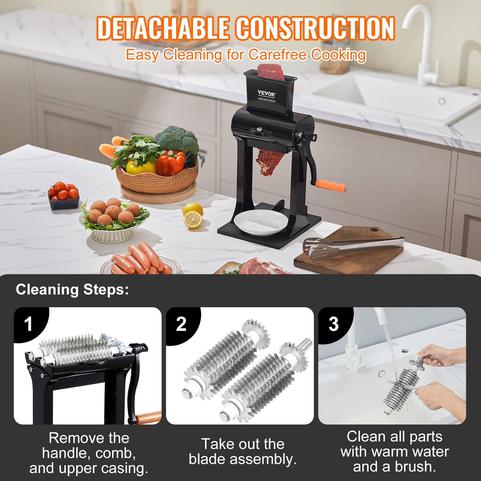 DETACHABLE CONSTRUCTION  
Easy Cleaning for Carefree Cooking  

Cleaning Steps:  
1. Remove the handle, comb, and upper casing.  
2. Take out the blade assembly.  
3. Clean all parts with warm water and a brush.