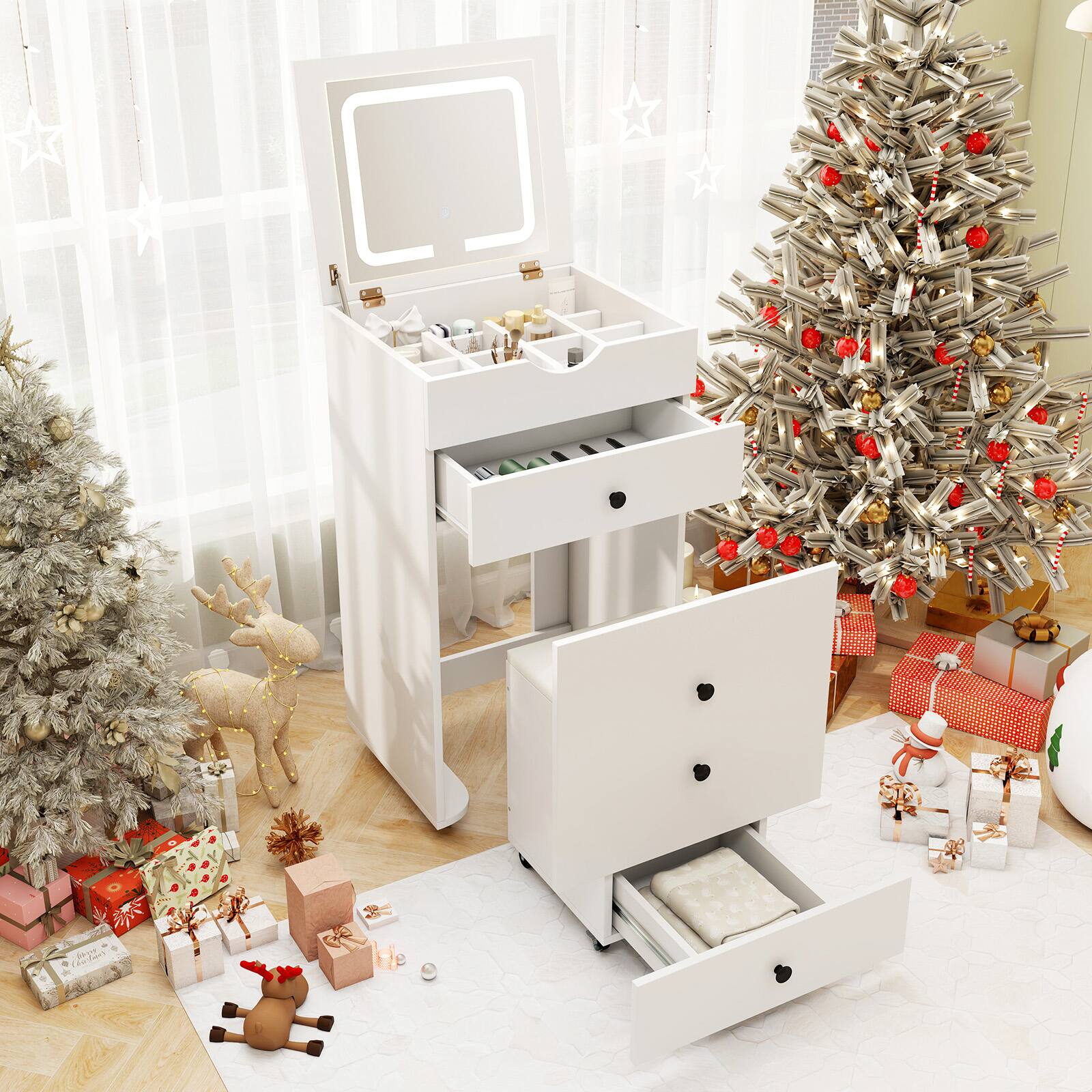 Angle. SlickBlue - Vanity Table Set with Flip-up Mirror, Stool, and Storage Space - White.