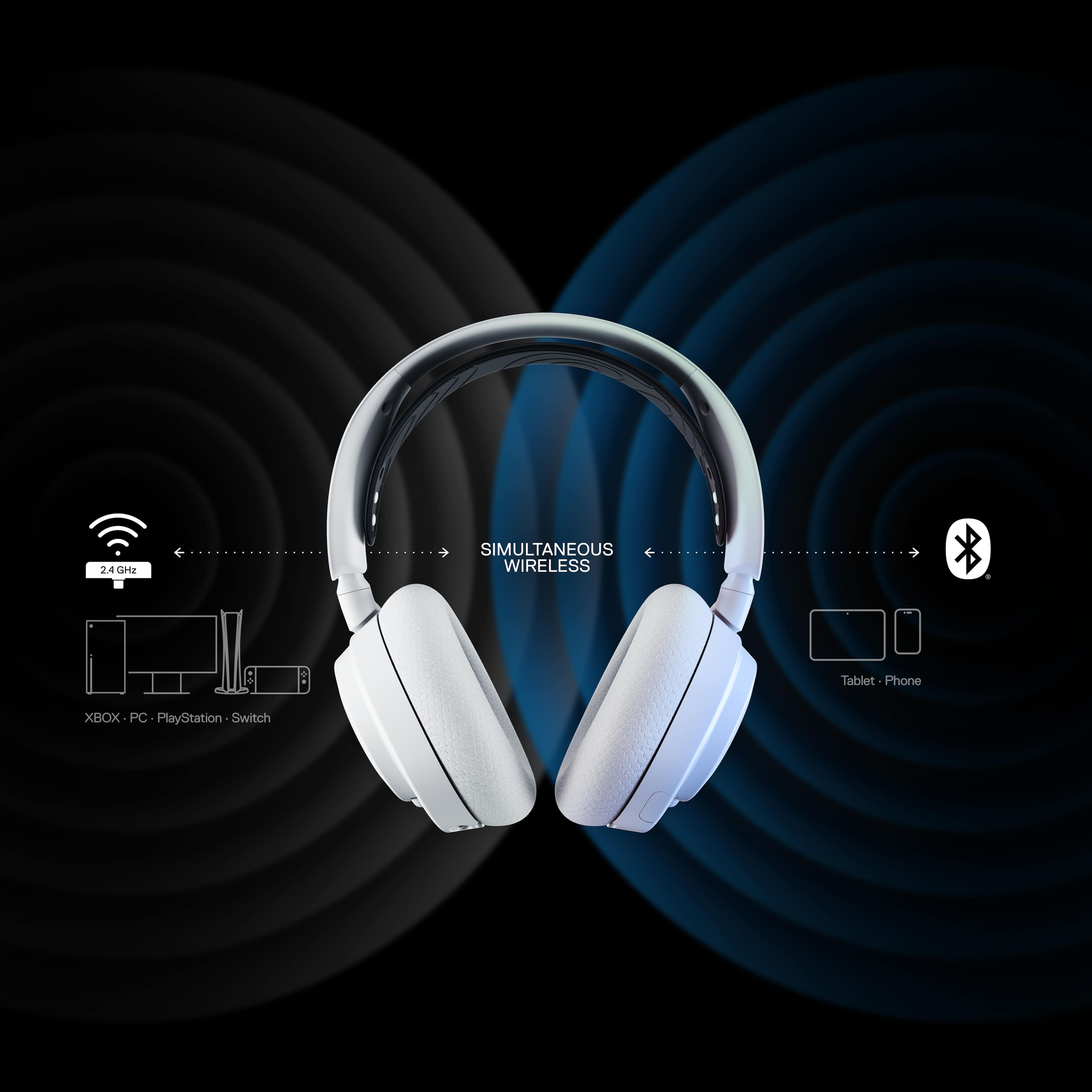 The text on the image is grouped as follows:
1. 24 G2 SIMULTANEOUS WIRELESS: This refers to the headphones' ability to connect to multiple devices simultaneously, such as a tablet, phone, and PC.
2. Tablet Phone XBOX PC PlayStation Switch: These are the devices that the headphones can be connected to, providing a seamless audio experience across various platforms.