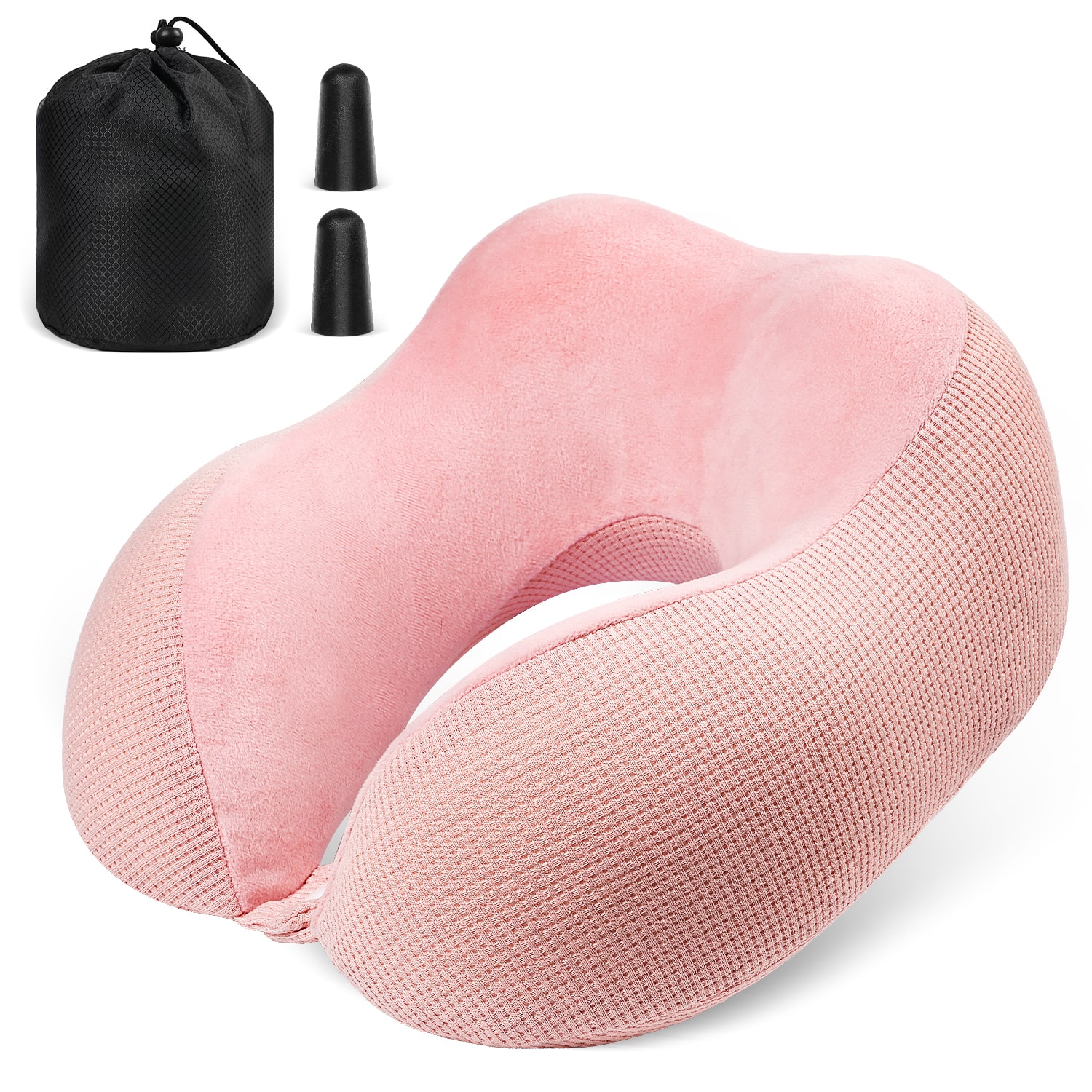 Fosmon - Travel Pillow, Neck Pillow Airplane, Travel Neck Pillow, Memory Foam Neck Pillow with Washable Cover & Ear Plugs - Pink