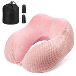 Fosmon - Travel Pillow, Neck Pillow Airplane, Travel Neck Pillow, Memory Foam Neck Pillow with Washable Cover & Ear Plugs - Pink