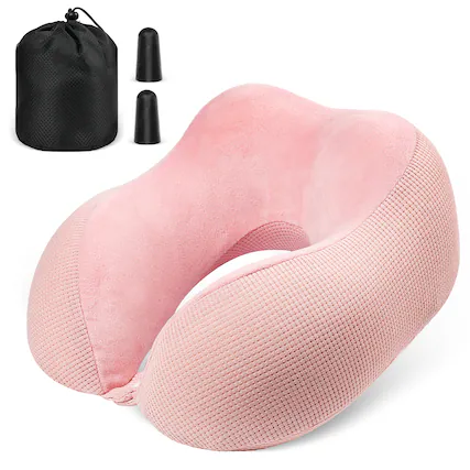 Front. Fosmon - Travel Pillow, Neck Pillow Airplane, Travel Neck Pillow, Memory Foam Neck Pillow with Washable Cover & Ear Plugs, Pink - Pink.