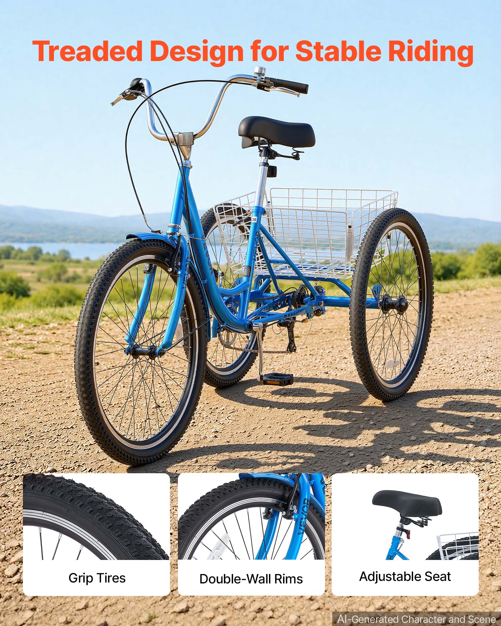 Treaded Design for Stable Riding

Grip Tires

VEVOR Double-Wall Rims

Adjustable Seat

AI-Generated Character and Scene