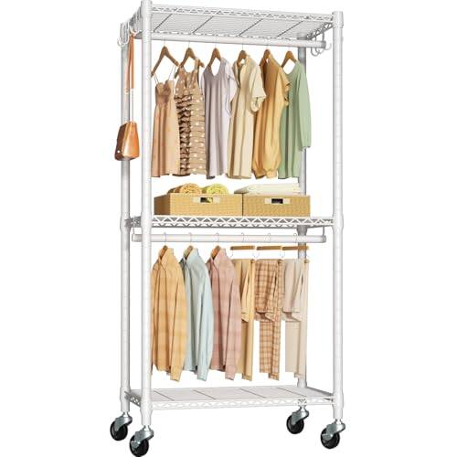 Front. Hirose Alice - Clothing Rack Clothing Organizer Rolling Clothes racks for hanging heavy duty garment with wheels - White-P3.