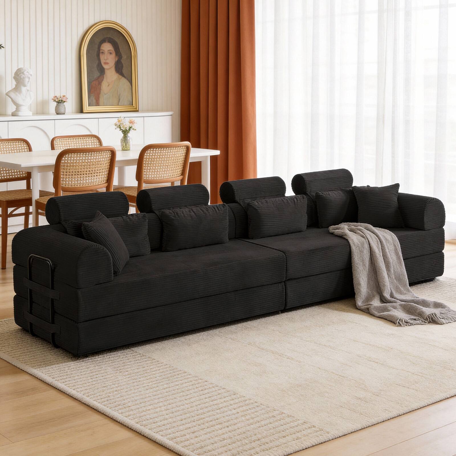 Back. Anysun - L-Shape Corduroy Modular Sectional Sofa - Minimalist Compressed Design, Unfolds into Bed, Space-Efficient - Black.