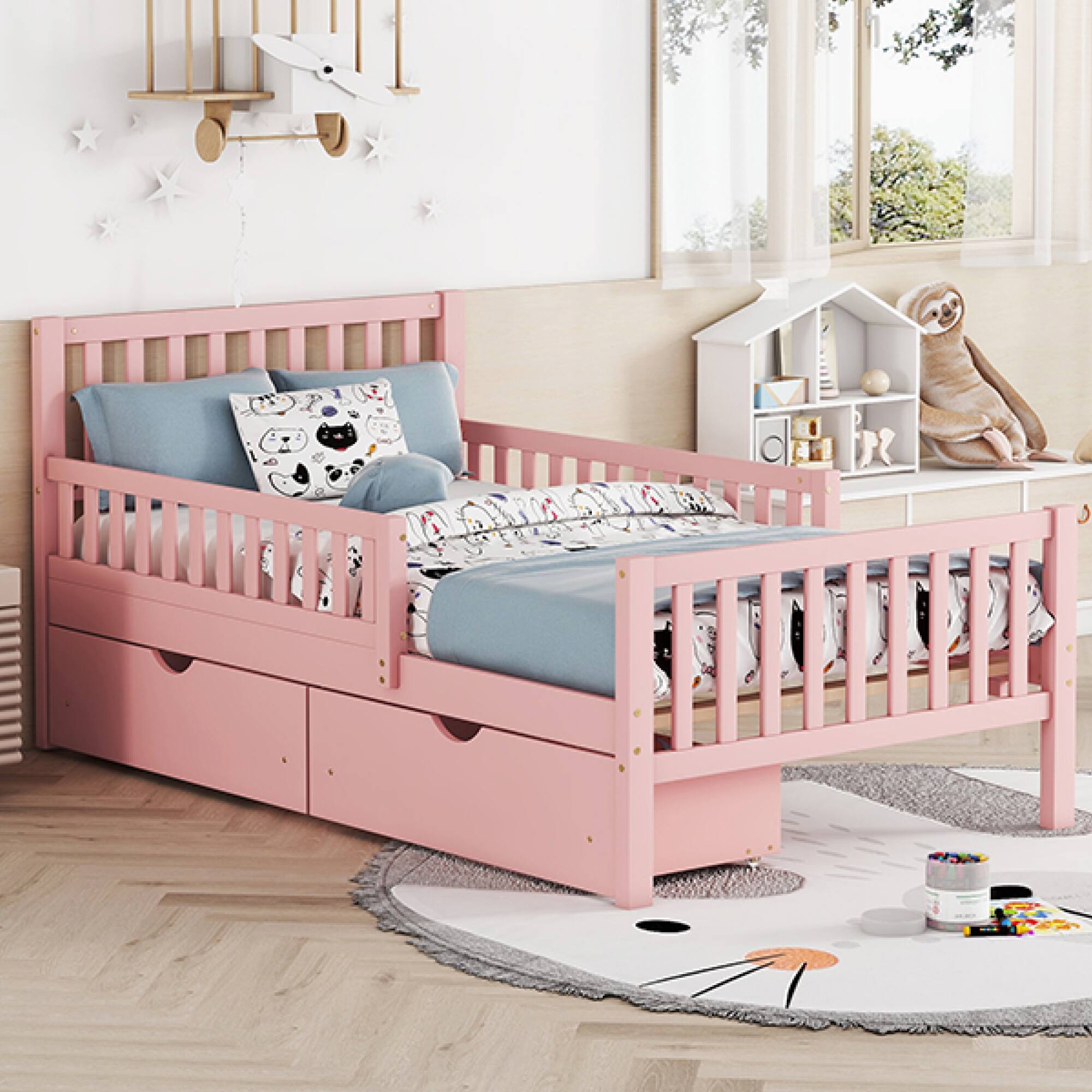 Alt View 9. GOODSILO - Twin Size Wood Platform Bed with Dual Guardrails and Underbed Storage Drawers for Enhanced Safety and Organization - Pink.