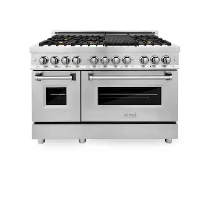 Front. ZLINE - 48" Legacy Dual Fuel Range w/ Gas Cooktop & 2 Electric Ovens w/ 6 Brass Burners (RA-BR-48) - Stainless steel look.