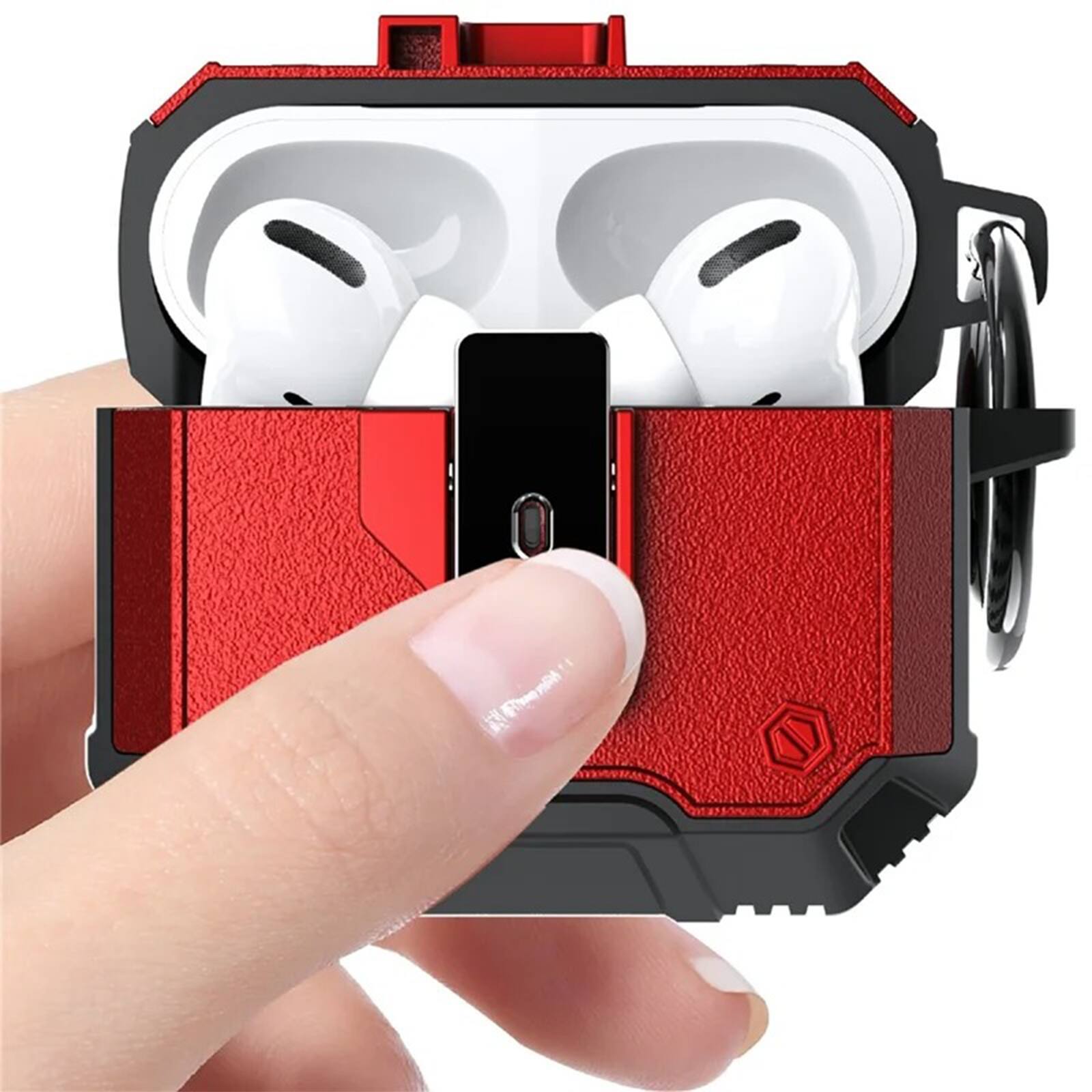 Angle. UUCOVER - For Apple Airpods 4th Gen Protective Case with Secure Button Lock and Metal Keychain, Drop Protection Full-Body Cover - Red.