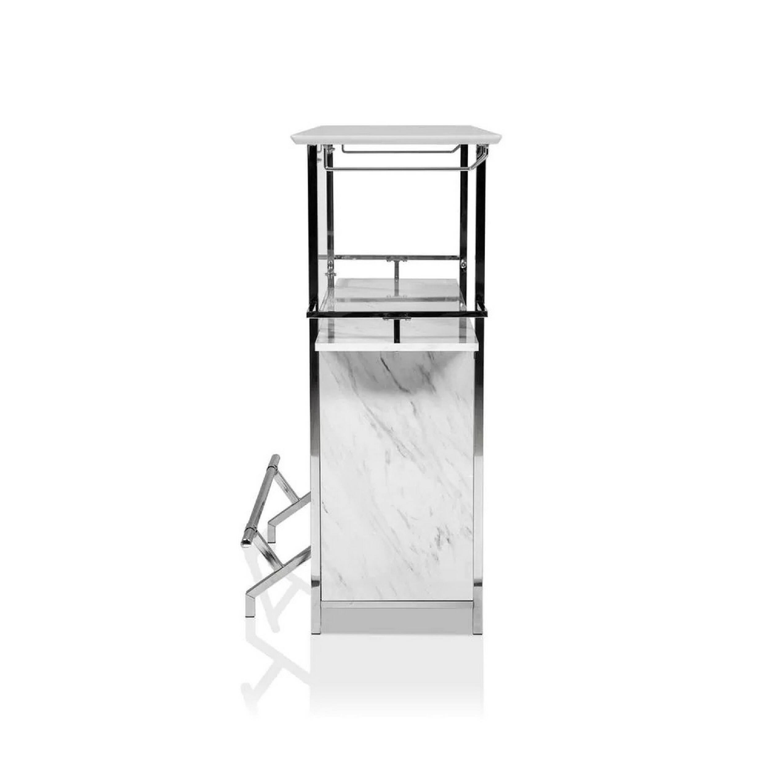 Alt View 2. Manhattan Lane - 47 Inch Faux Marble Bar Table, Hanging Stemware, Steel Frame, White, Chrome - White and Chrome.