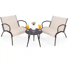 Gymax - 3 Piece Patio Chair Set w/ Curved Fabric Seat Round Coffee Table for Backyard - Light Brown