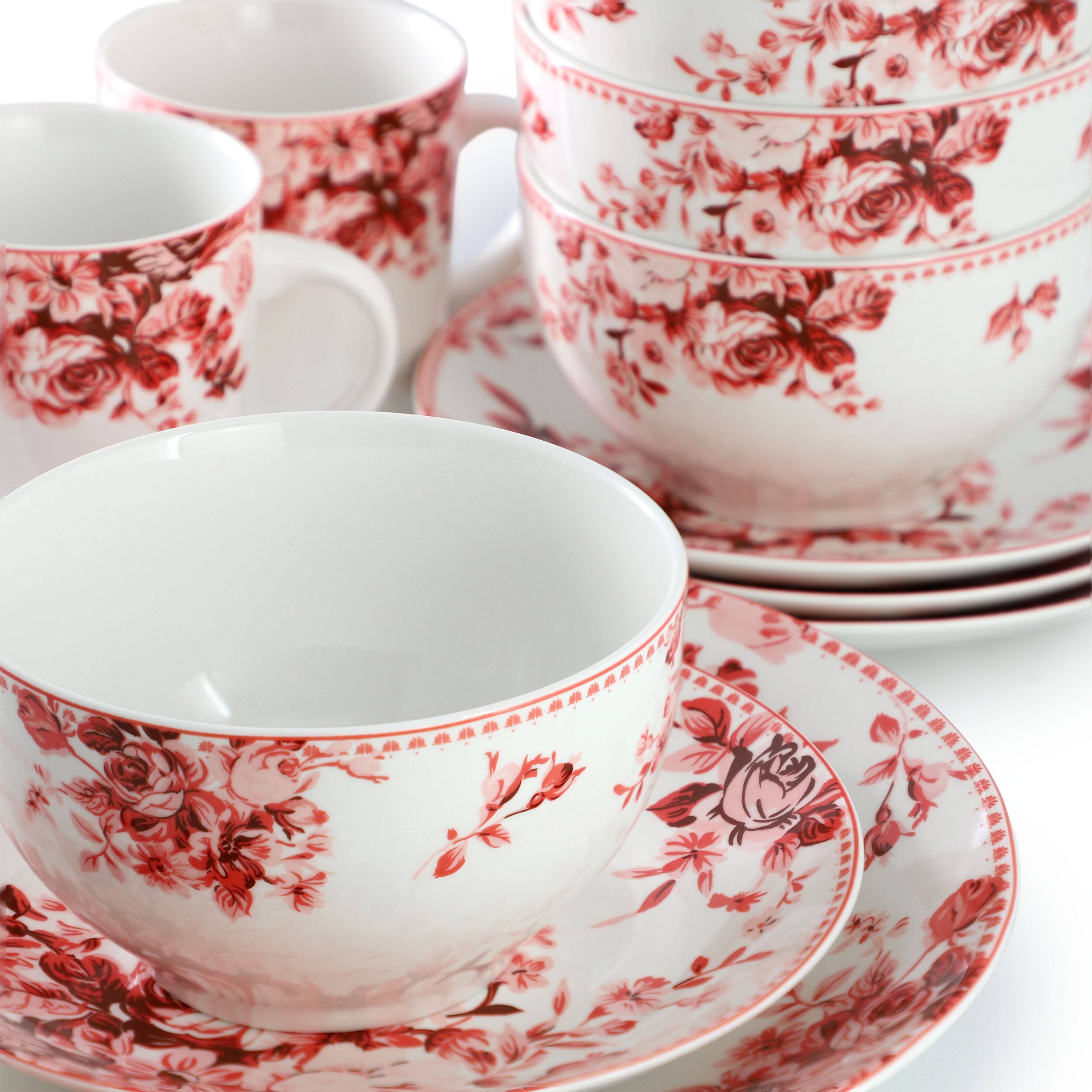 Alt View 5. Elama - Elama Traditional Red Rose 16 Piece Stoneware Dinnerware Set - White and Red.