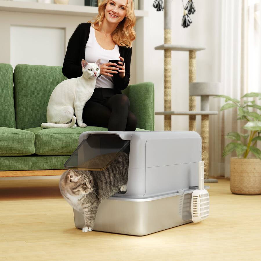 Two Cat Backpack Pawhut in 1 Stainless Steel Cat Litter Box with Removable Lid, Scoop ...