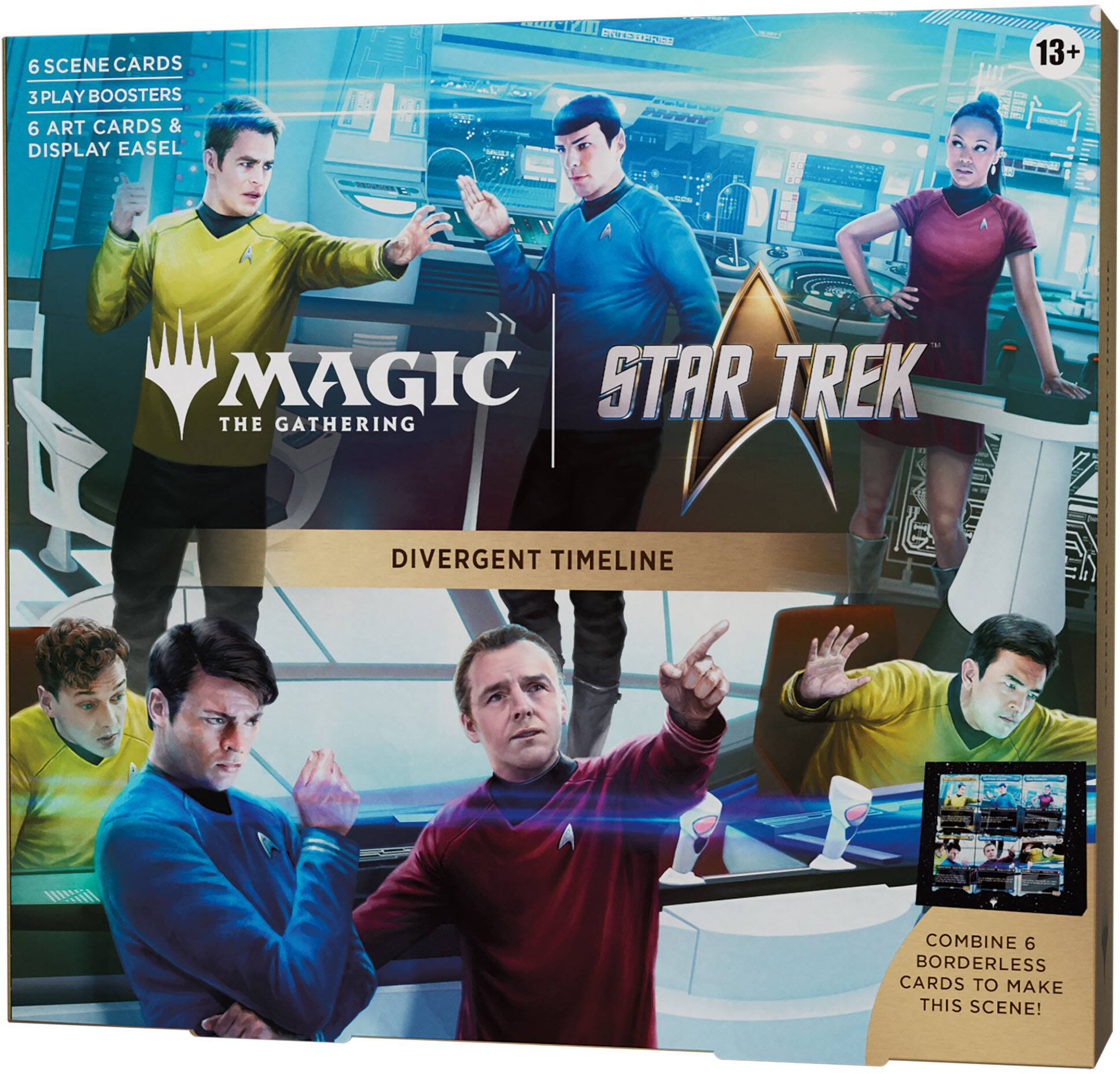 6 Scene Cards  
3 Play Boosters  
6 Art Cards & Display Easel  

13+  

Magic: The Gathering  
Star Trek  
Divergent Timeline  

Combine 6 Borderless Cards to Make This Scene!