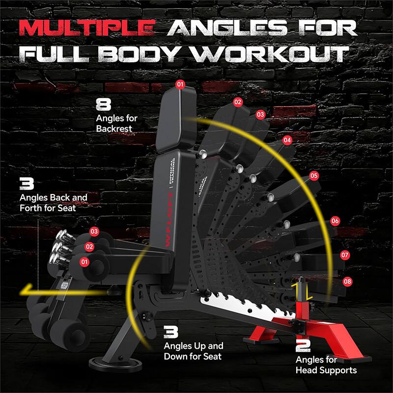 MULTIPLE ANGLES FOR FULL BODY WORKOUT

- 8 Angles for Backrest
- 3 Angles Back and Forth for Seat
- 3 Angles Up and Down for Seat
- 2 Angles for Head Supports