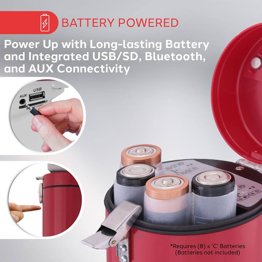 BATTERY POWERED

Power Up with Long-lasting Battery and Integrated USB/SD, Bluetooth, and AUX Connectivity

*Requires (8) x 'C' Batteries (Batteries not included)