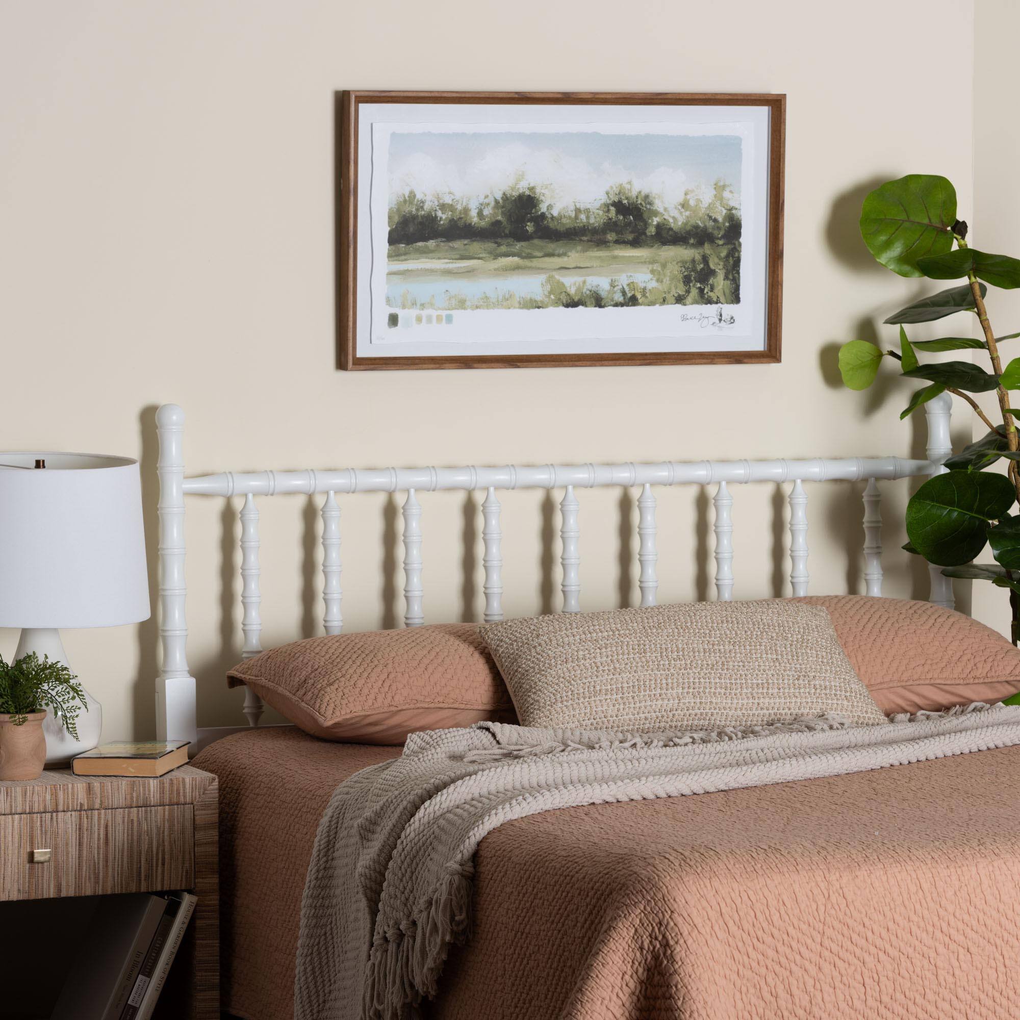 Back. Baxton Studio - Edaline Bamboo Motif Headboard - Crafted Wood Panel with Decorative Turned Spindle Design for Boho Costal Bedroom, Full - White.