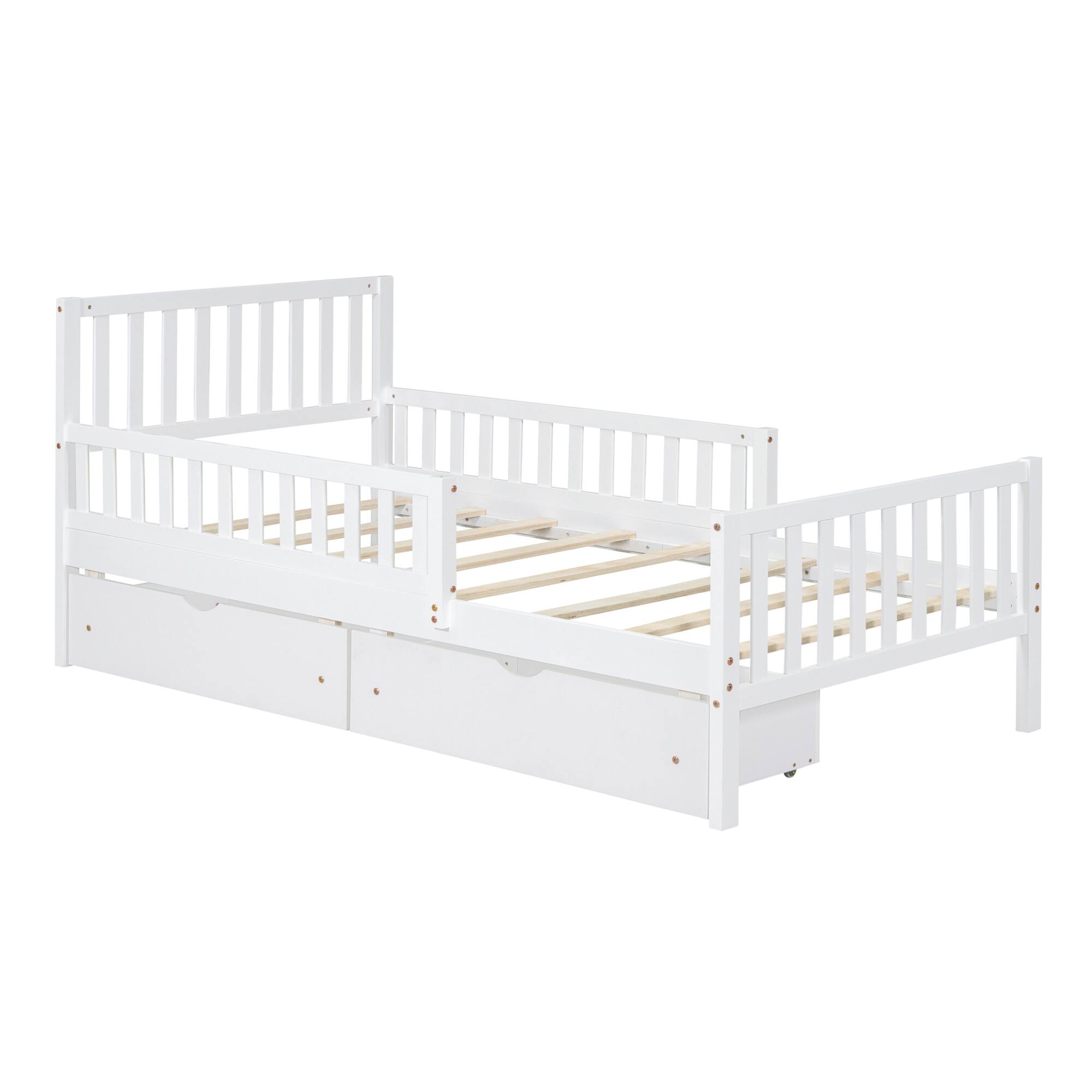 Back. GOODSILO - Twin Size Wood Platform Bed with Dual Guardrails and Underbed Storage Drawers for Enhanced Safety and Organization - White.