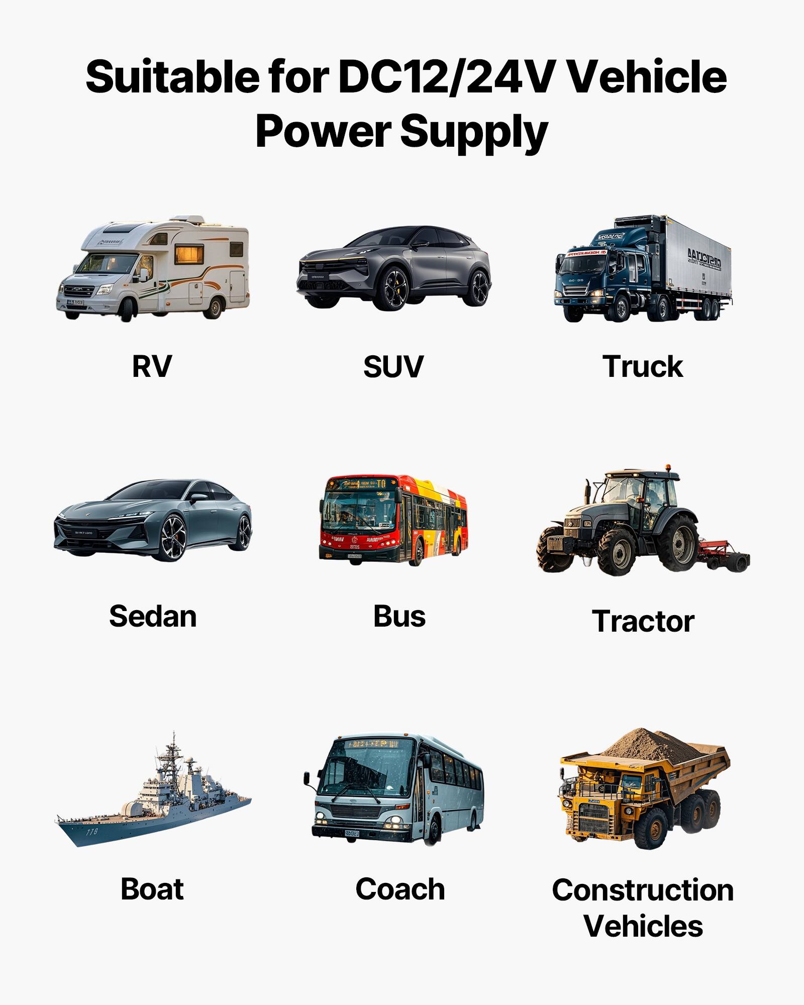 Suitable for DC12/24V Vehicle Power Supply

RV  
SUV  
Truck  
Sedan  
Bus  
Tractor  
Boat  
Coach  
Construction Vehicles