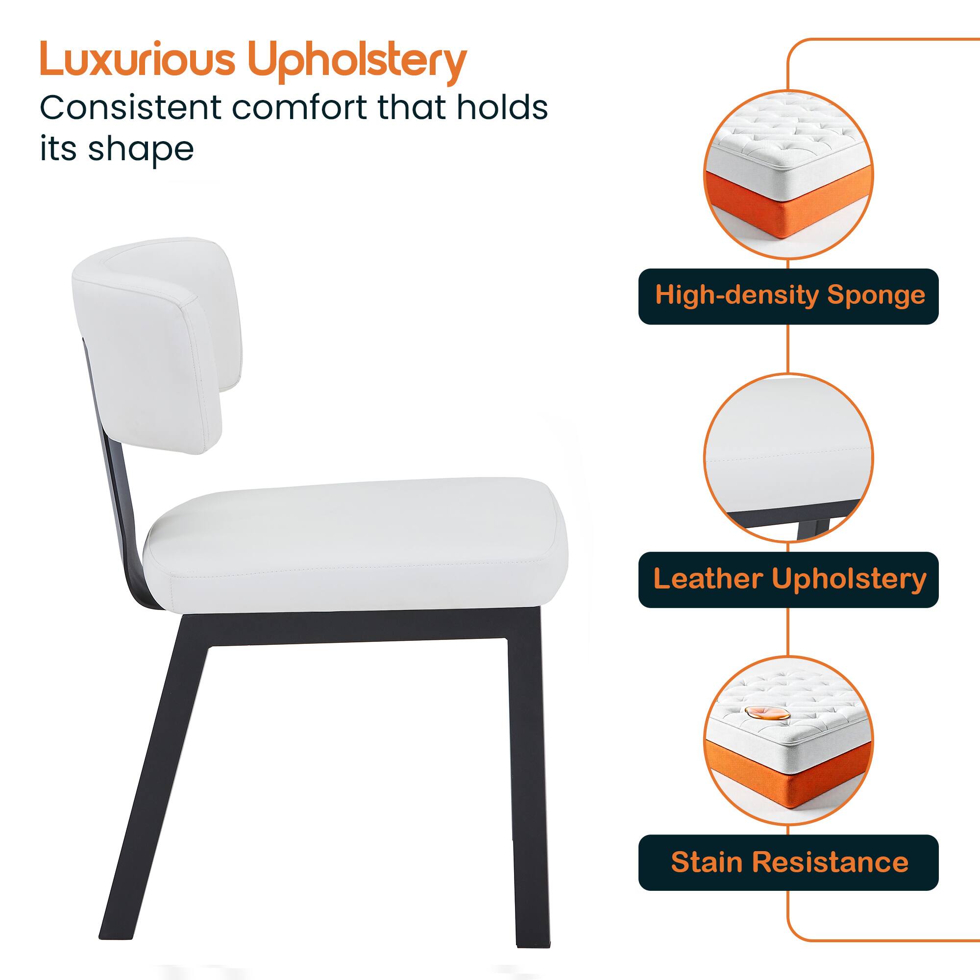 Luxurious Upholstery  
Consistent comfort that holds its shape  
High-density Sponge  
Leather Upholstery  
Stain Resistance