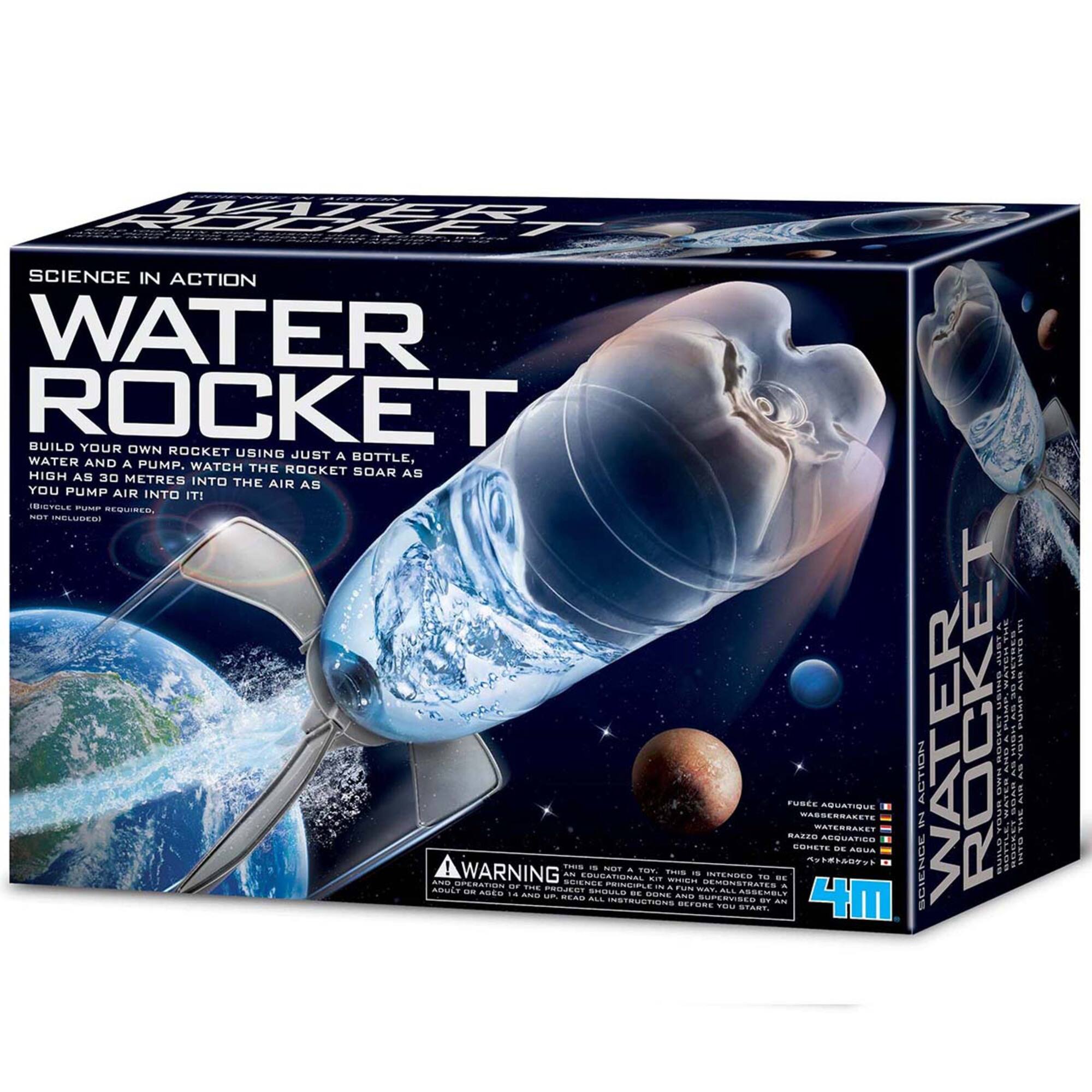 Science in Action Water Rocket Build your own rocket using just a bottle, water and a pump. Watch the rocket soar as high as 30 metres into the air as you pump air into it! Not included: Bicycle pump required. Warning: This is not a toy. This is an educational kit which may be dangerous if not used properly. Adult on aged 14 and over should be present.