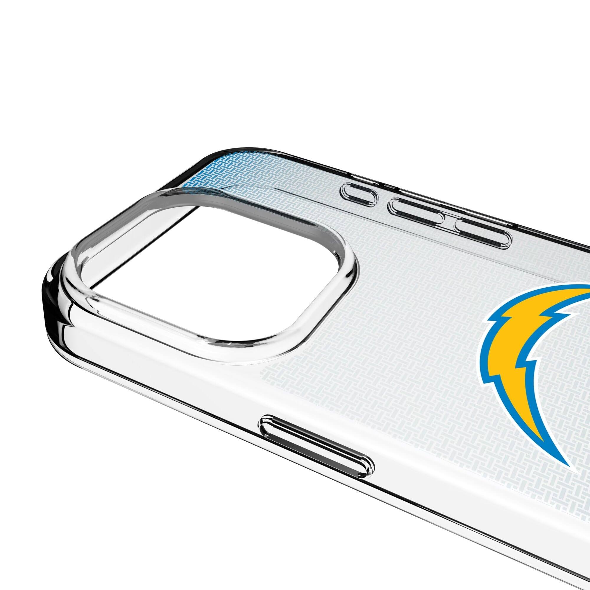 Alt View 2. Keyscaper - Los Angeles Chargers Linen Logo iPhone Clear Case - 15 Plus - Multicolor.