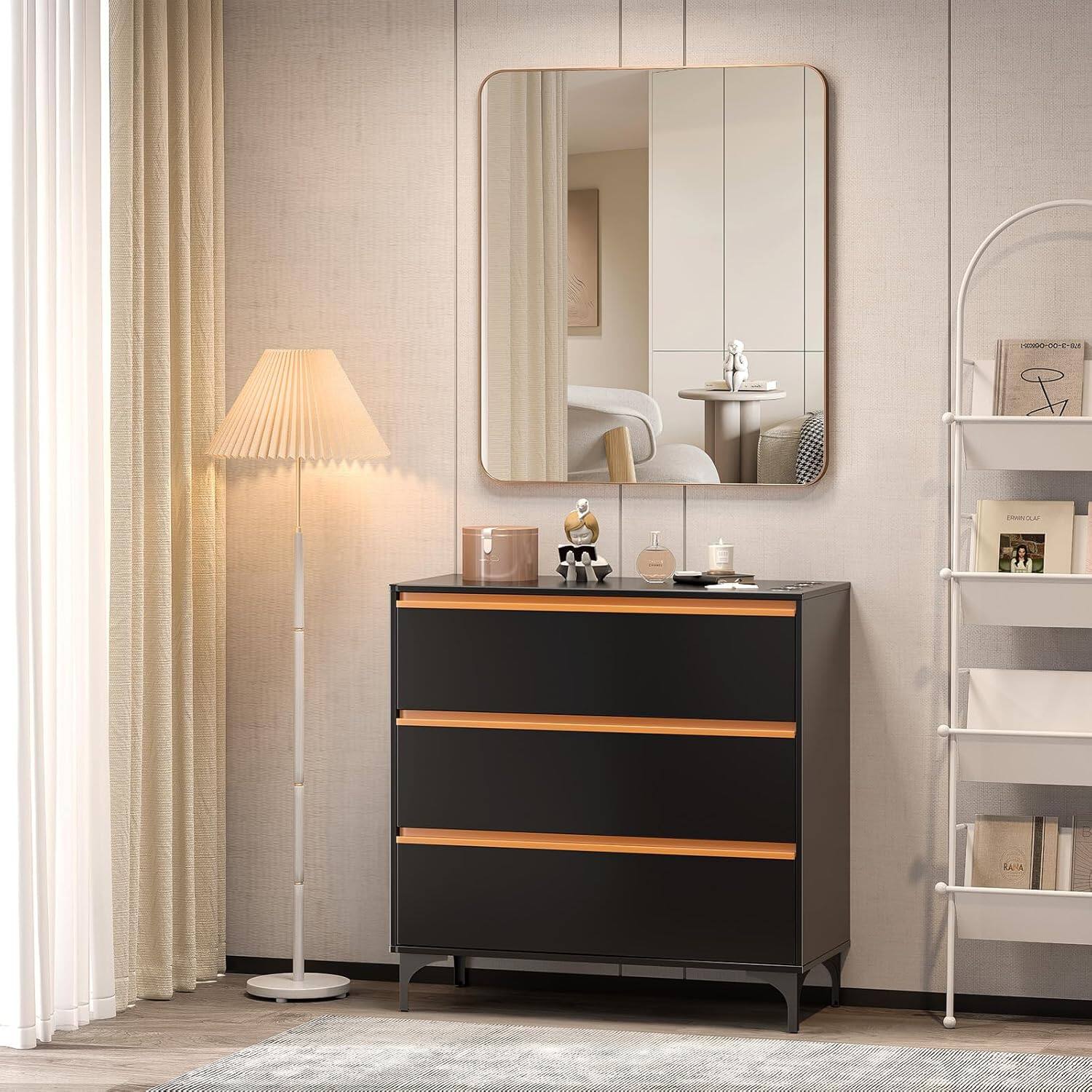 Alt View 4. Winado - Multi-Functional Salon Station Free Standing Styling Cabinet with 3 Drawers, Square Mirror, Hair Dryer Holder for Beauty - Black & Gold.