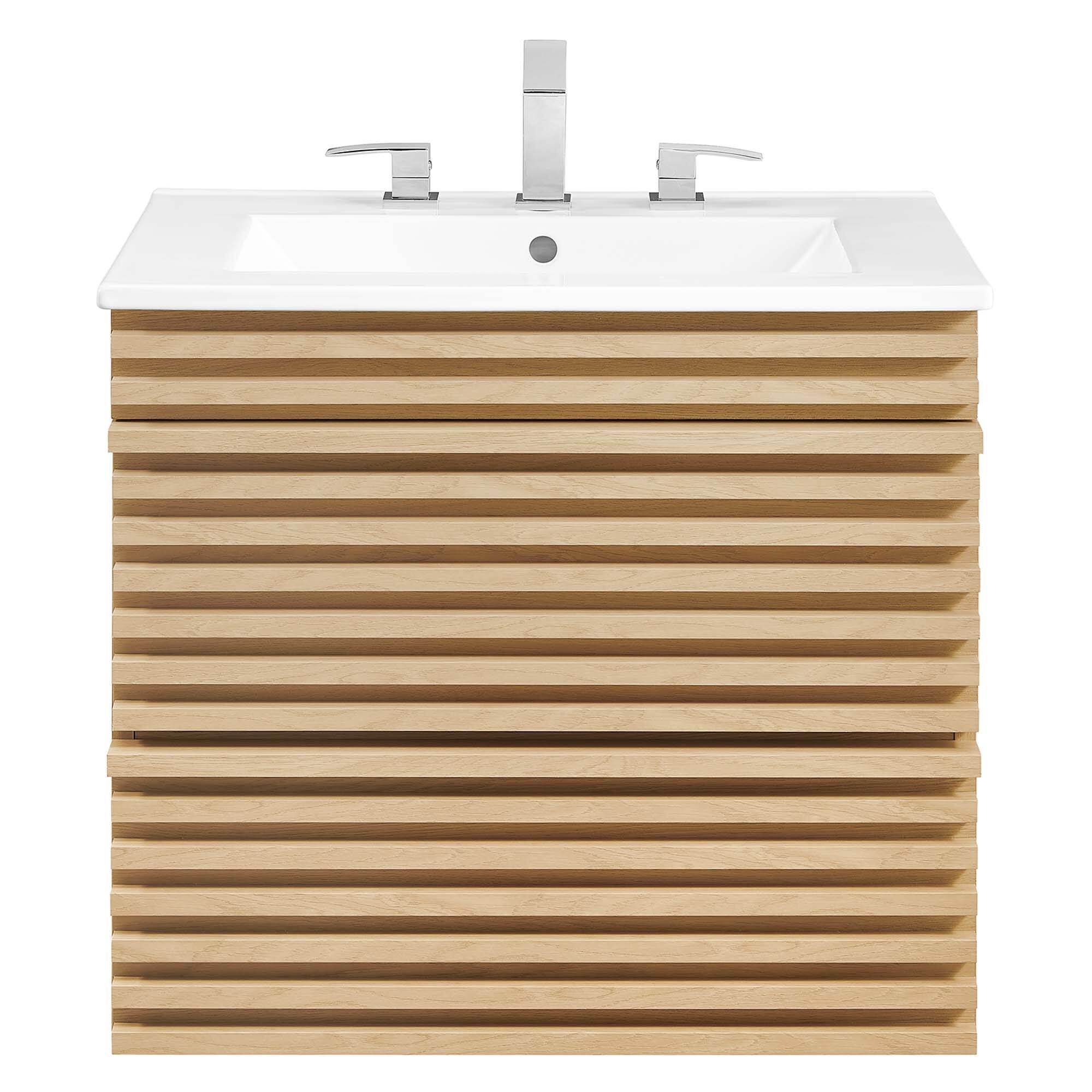 Alt View 2. Modway - Render Wall-Mount Bathroom Vanity with White Basin Included - Oak White.