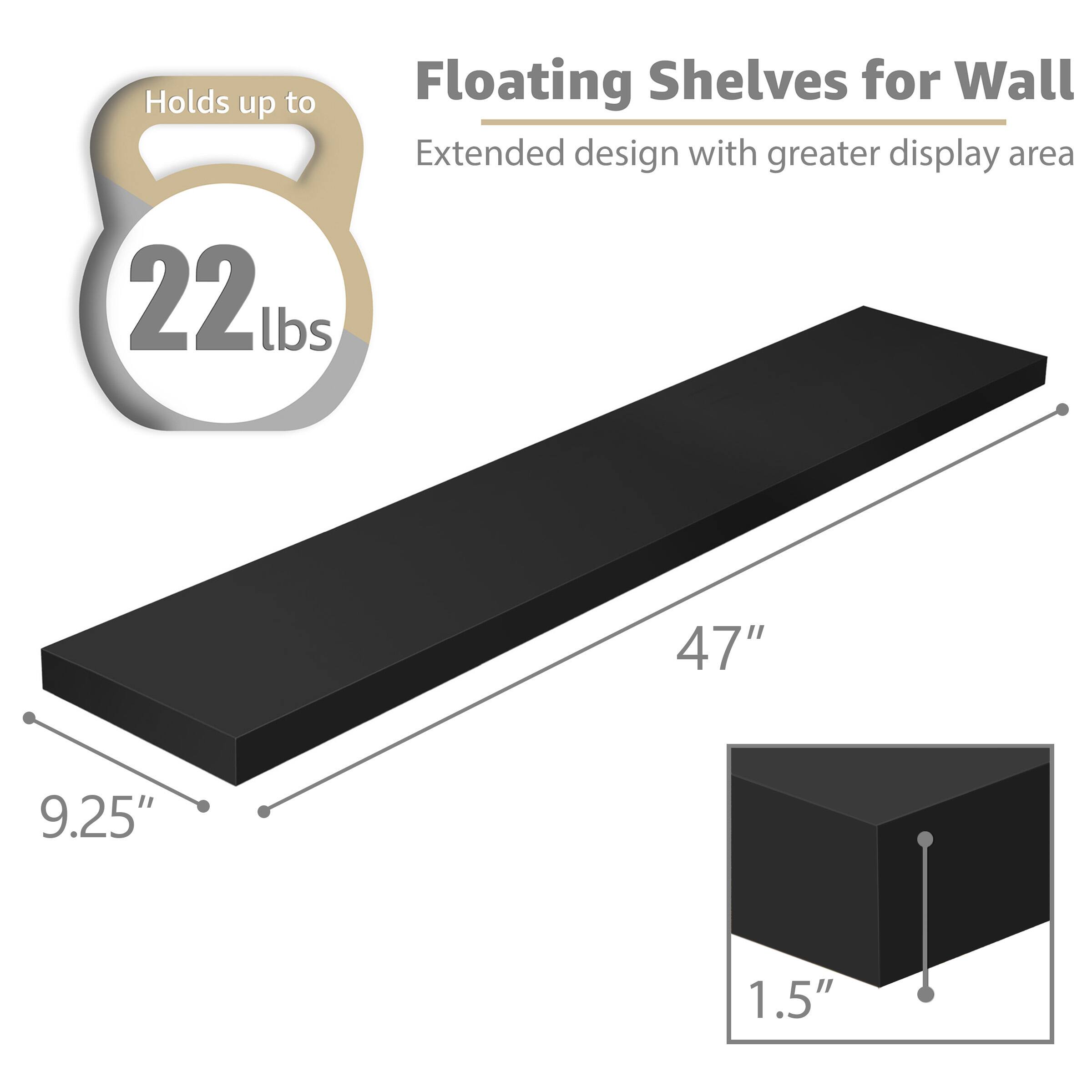 Floating Shelves for Wall, Holds up to 22lbs, Extended design with greater display area, 47", 9.25", 1.5"