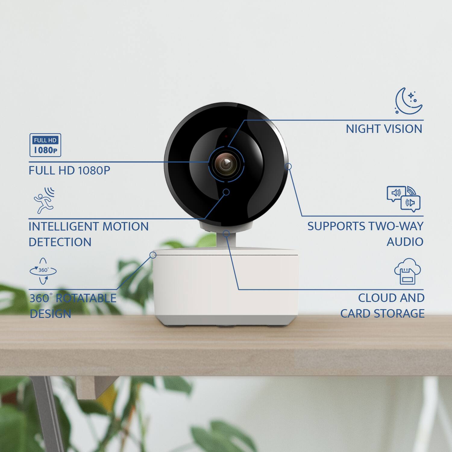 FULL HD 1080P  
NIGHT VISION  
INTELLIGENT MOTION DETECTION  
360° ROTATABLE DESIGN  
SUPPORTS TWO-WAY AUDIO  
CLOUD AND CARD STORAGE