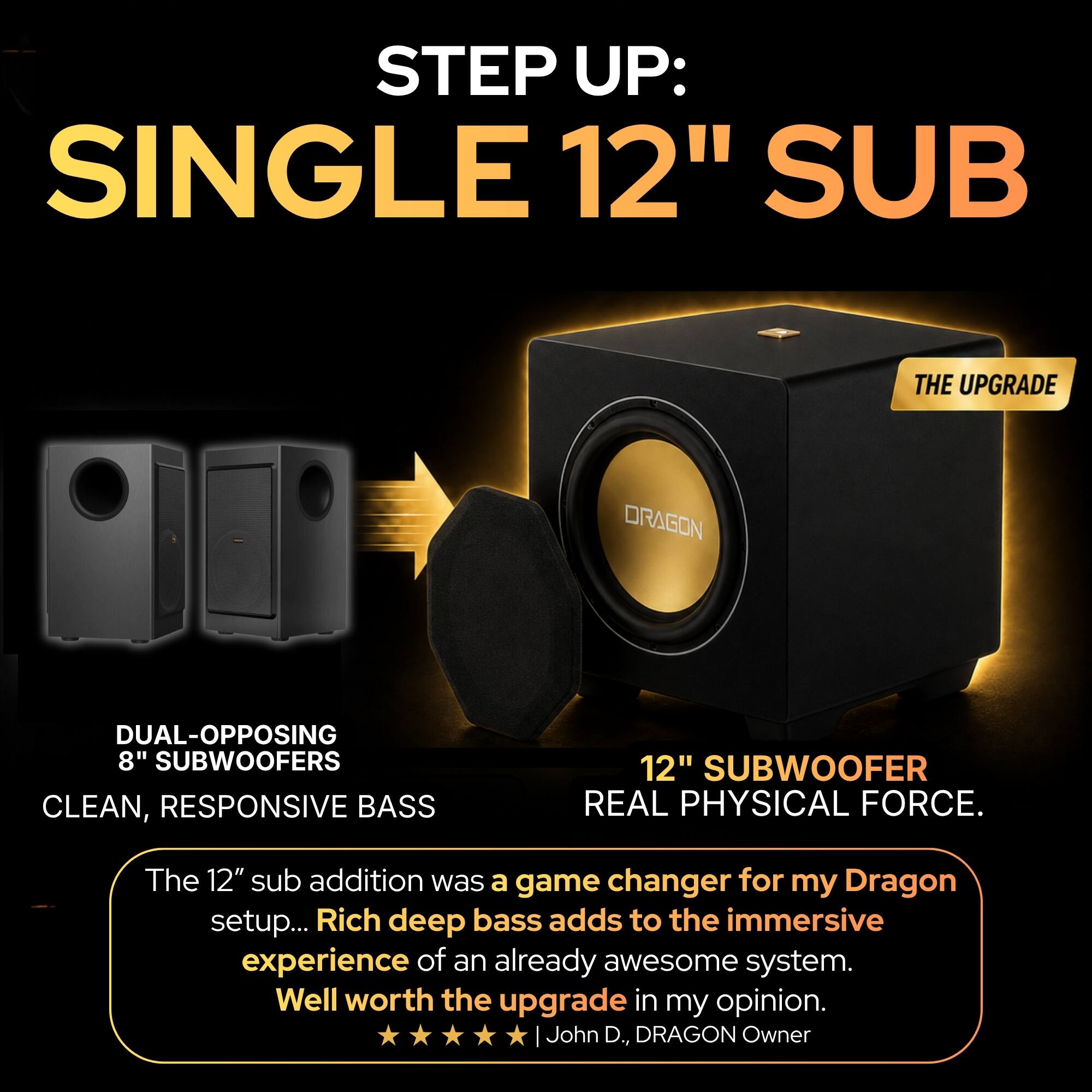 STEP UP: SINGLE 12" SUB

DUAL-OPPOSING 8" SUBWOOFERS  
CLEAN, RESPONSIVE BASS

12" SUBWOOFER  
REAL PHYSICAL FORCE.

The 12" sub addition was a game changer for my Dragon setup... Rich deep bass adds to the immersive experience of an already awesome system. Well worth the upgrade in my opinion.  
— John D., DRAGON Owner
