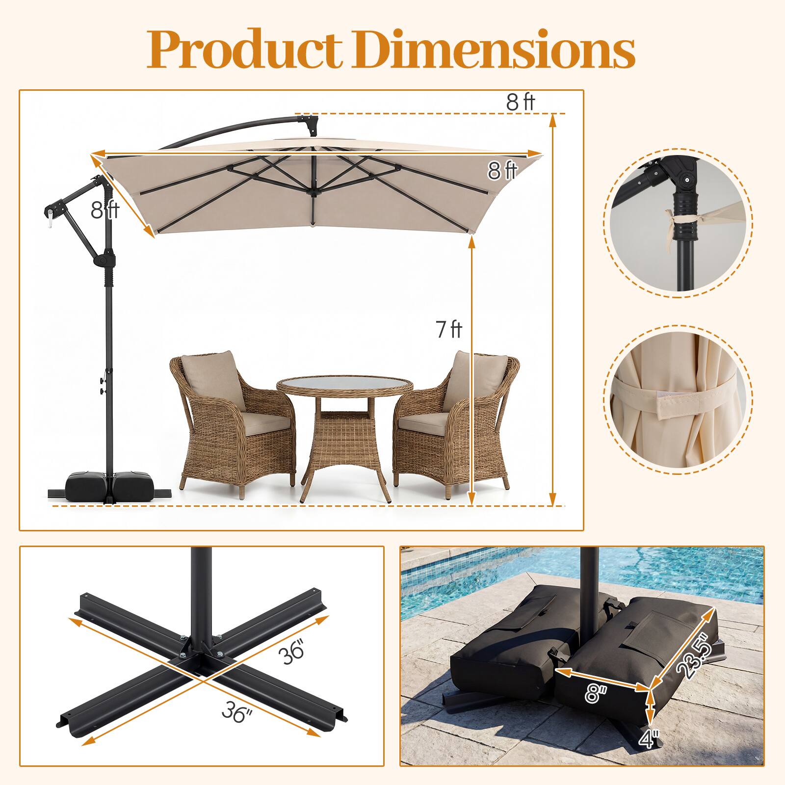 Product Dimensions: 8ft x 8ft, 7ft, 36" x 36", 8" x 23.5" x 4"