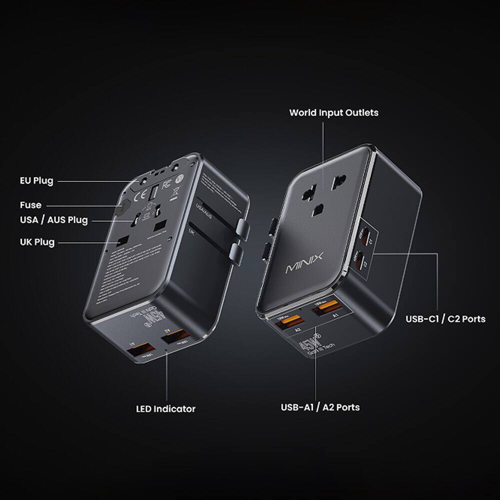 World Input Outlets  
EU Plug  
Fuse  
USA / AUS Plug  
UK Plug  
MINIX 4  
ULNPD  
NO Tech 4,5W  
B TM  
ie AL  
AEWS  
GonfiTech  
USB-C1 / C2 Ports  
LED Indicator  
USB-A1 / A2 Ports