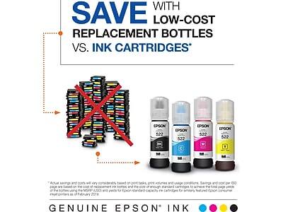 SAVE WITH LOW-COST REPLACEMENT BOTTLES VS. INK CARTRIDGES*

Actual savings and costs will vary considerably based on print tasks, print volumes and usage conditions. Savings and cost per 100 pages are calculated on the cost of replacement ink bottles and the cost of enough standard cartridges to achieve the total page yields using the same Epson standard page yields as of February 2018.

GENUINE EPSON* INK
