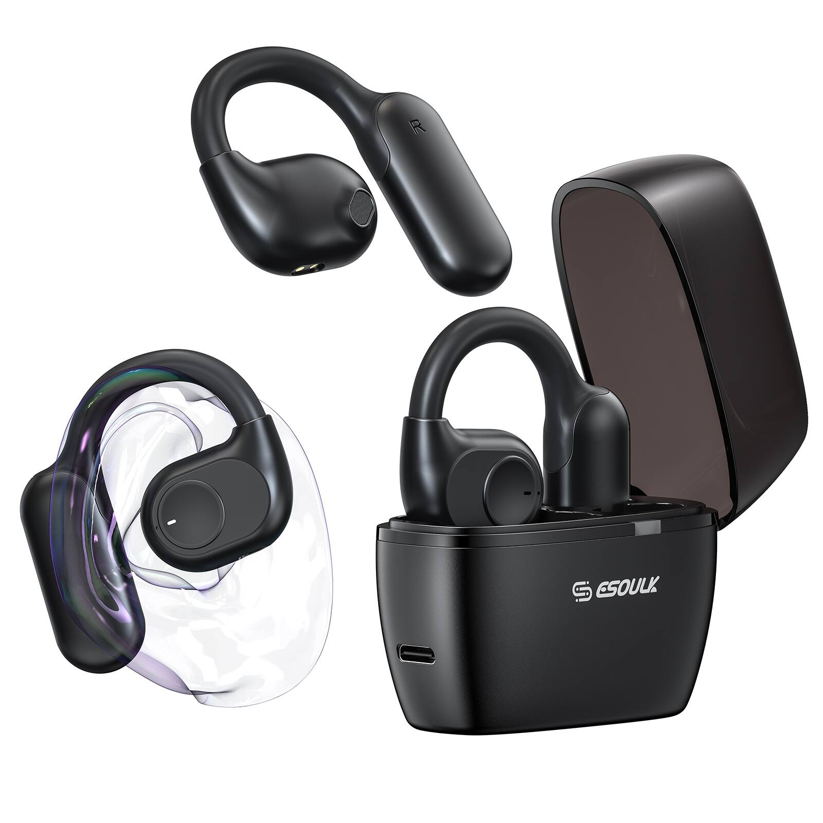 Left. Esoulk - Open-Ear ENC Left and Right True Wireless Bluetooth Headset - Black.
