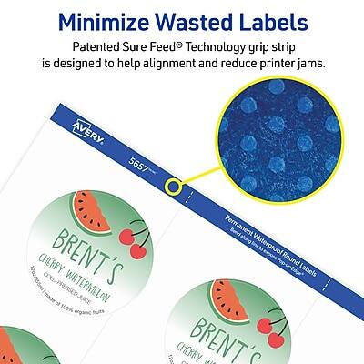 Minimize Wasted Labels  
Patented Sure Feed® Technology grip strip is designed to help alignment and reduce printer jams.

AVERY 5657  
Permanent Waterproof Round Edge Labels  
1202/355ml  
COLD-PRESSED WATERMELON JUICE  
100% organic fruits  
CHERRY BRENT'S  
CHERRY WATERMELON