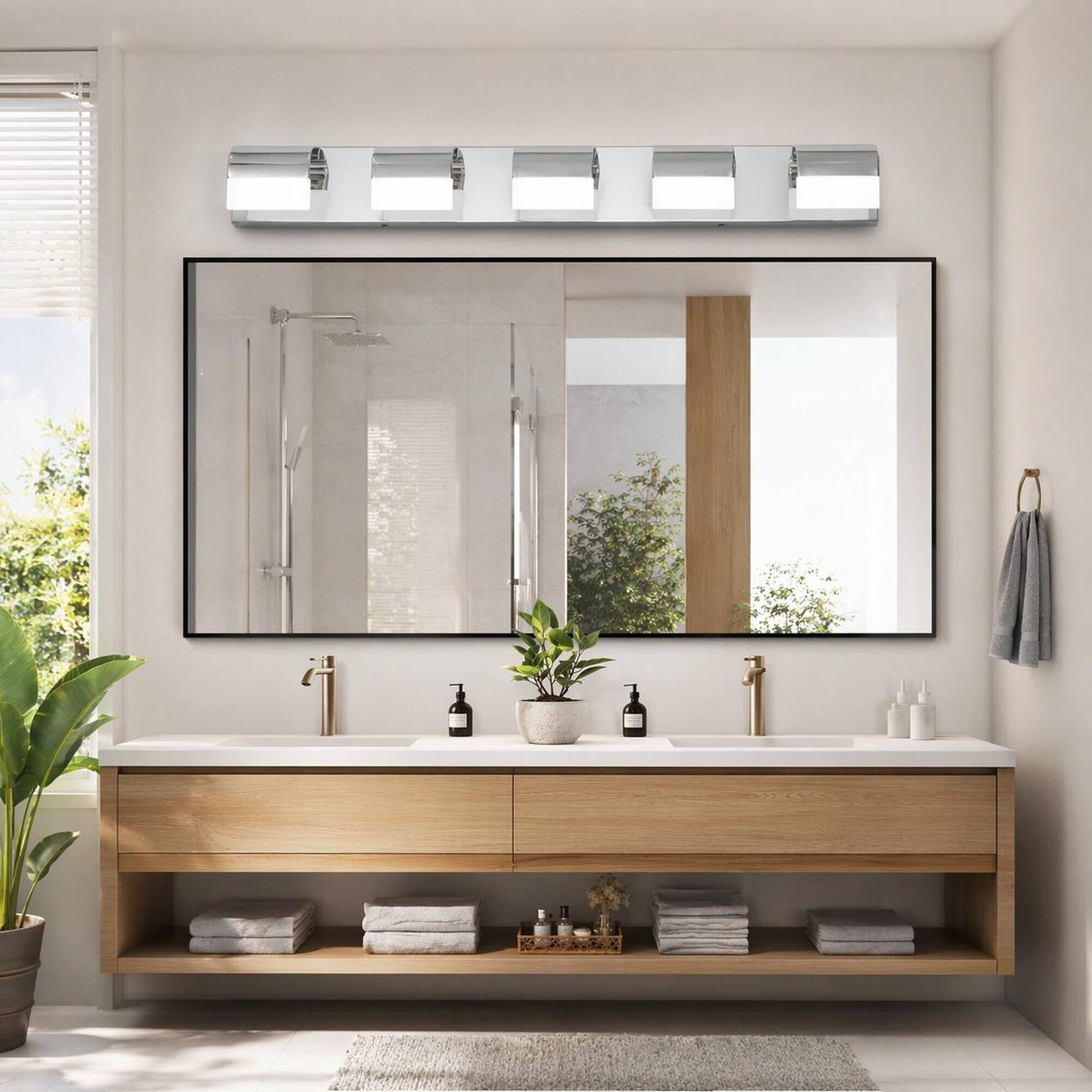 Left. RYHNUYNE - 5‑Light Chrome LED Bathroom Vanity Light, Modern Acrylic Wall Mount Vanity Mirror Light for Bathroom - Chrome.