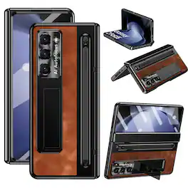 Dteck - for Samsung Galaxy Z Fold 6 Case Vintage PU Leather Full Body Hinge Cover with Built-in Front Screen Protector - Brown