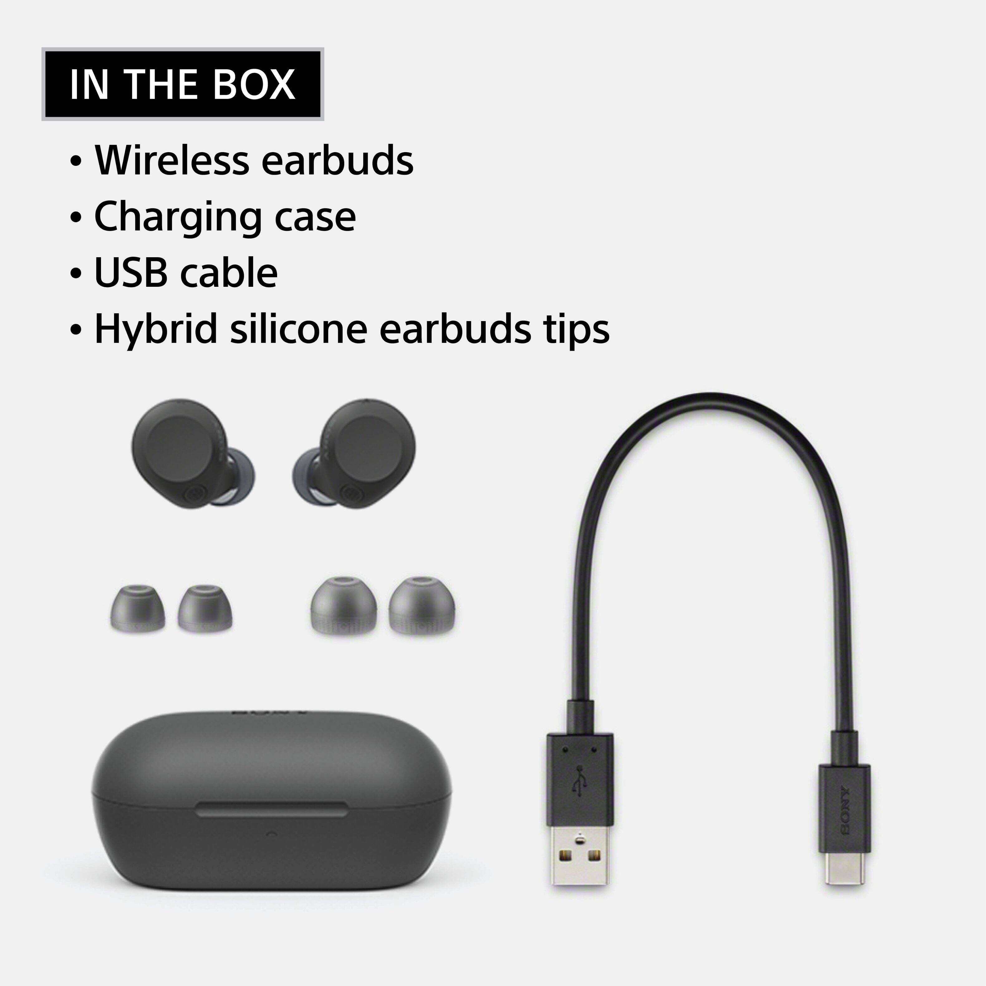 In the box: Wireless earbuds, Charging case, USB cable, Hybrid silicone earbuds tips.