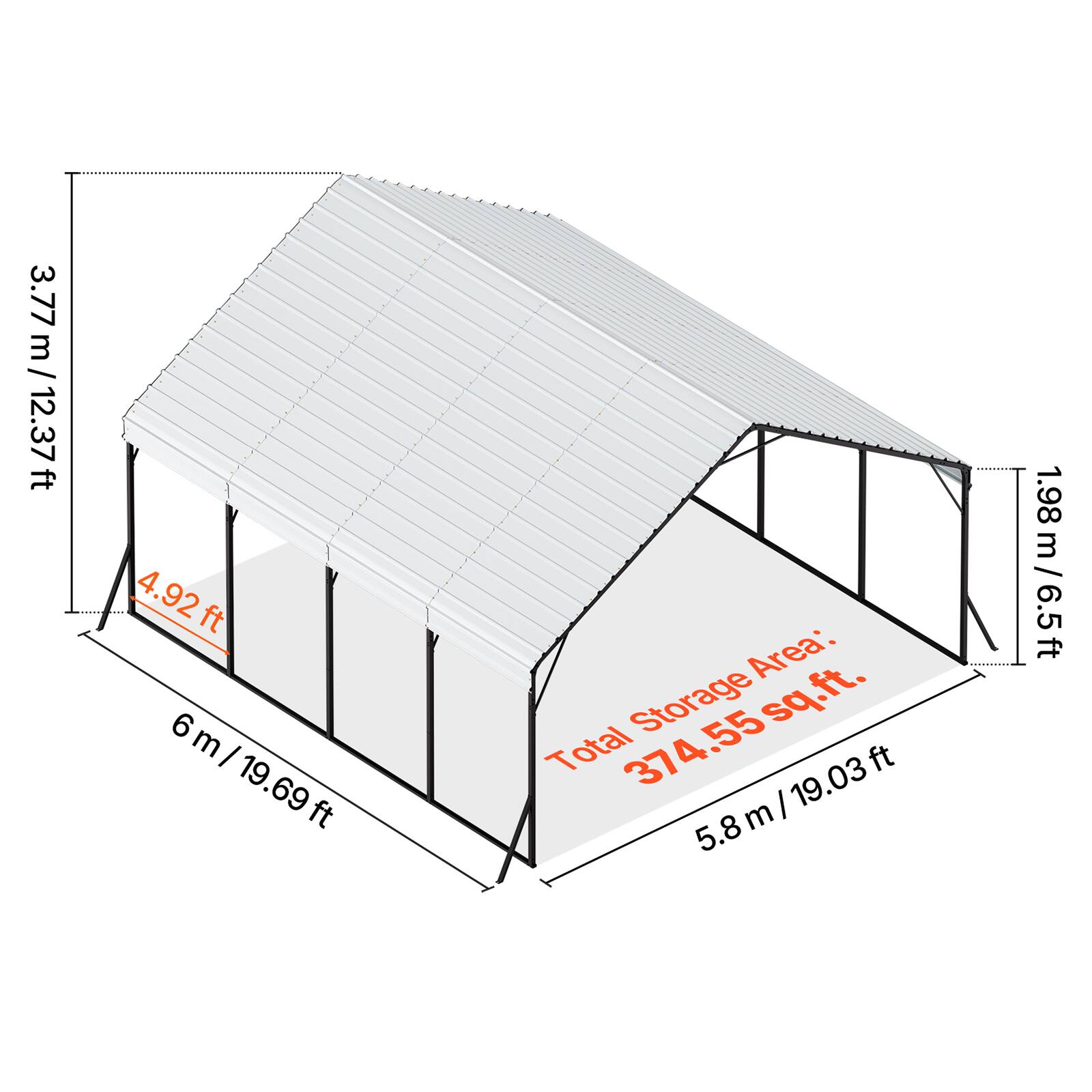 3.77 m / 12.37 ft  
4.92 ft  
6 m / 19.69 ft  
1.98 m / 6.5 ft  
5.8 m / 19.03 ft  

Total Storage Area: 374.55 sq.ft.