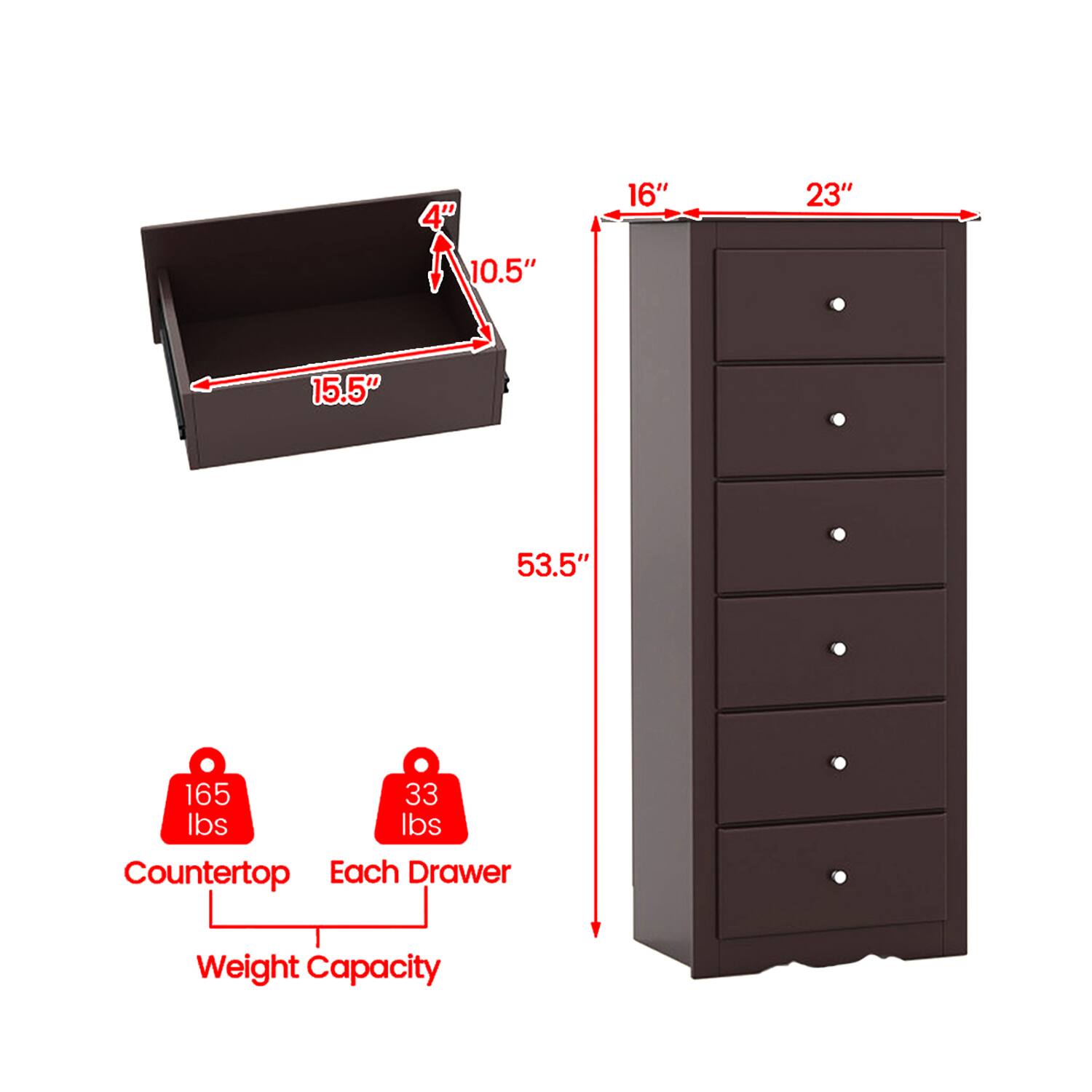 4" 10.5" 15.5" 16" 23" 53.5" 165 lbs 33 lbs Countertop Each Drawer Weight Capacity