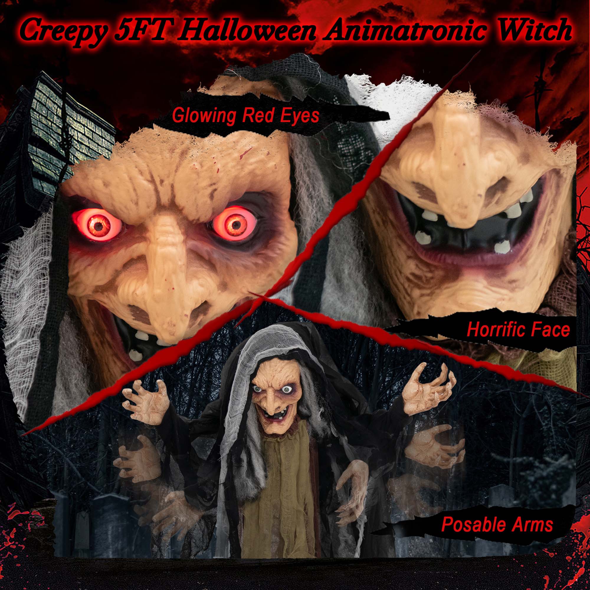 Creepy 5FT Halloween Animatronic Witch: Glowing Red Eyes, Horrific Face, Posable Arms.