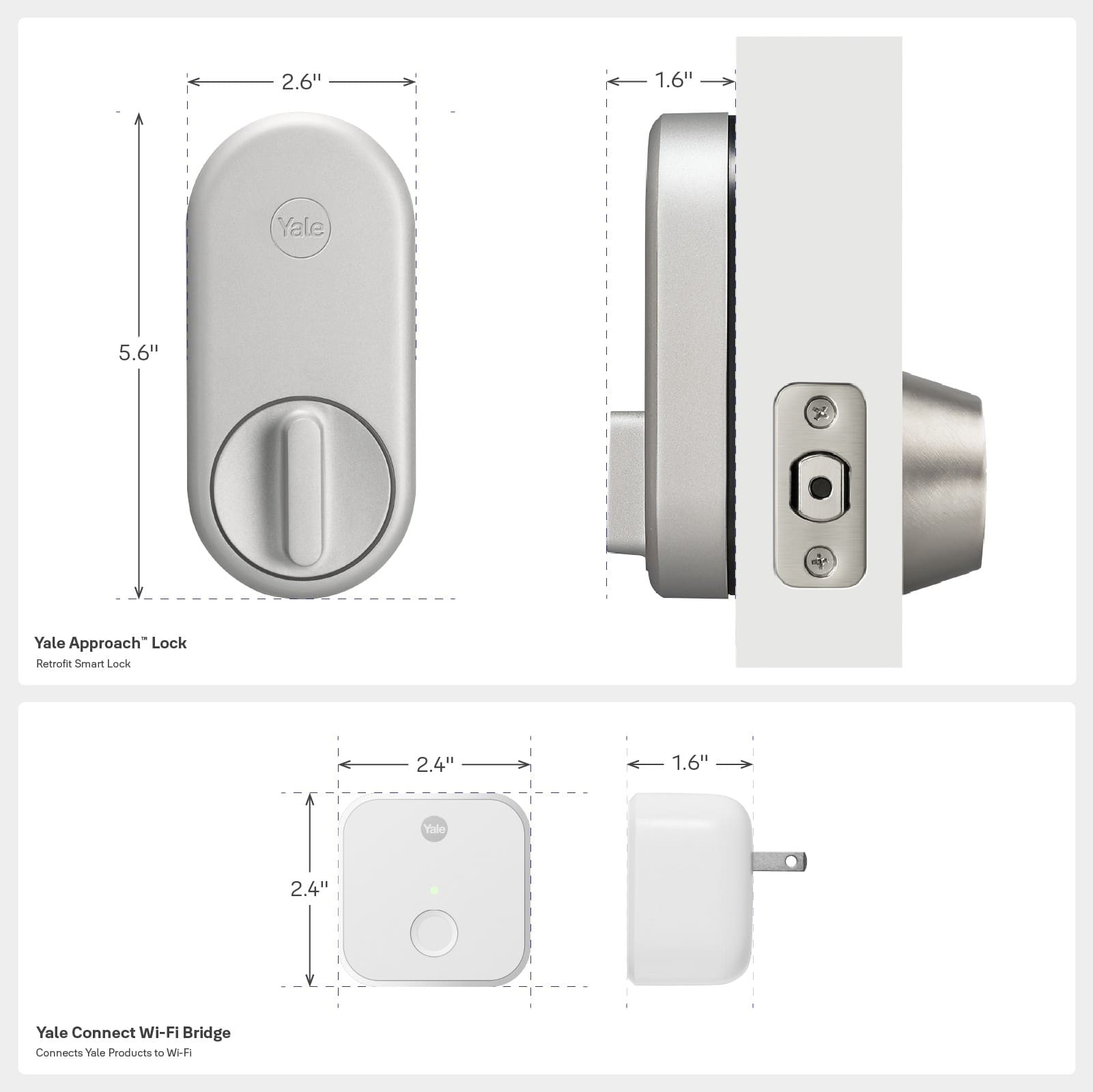 The text on the image is grouped and corrected as follows:
1. Yale Approach Lock Retrofit Smart Lock
2. Yale Connect Wi-Fi Bridge
3. Yale 5.6" Yale Approach Lock
4. Yale 2.4" Yale Connect Wi-Fi Bridge
5. Yale 2.6" 1.6" Yale Approach Lock
6. Yale 2.4" Yale Connect Wi-Fi Bridge