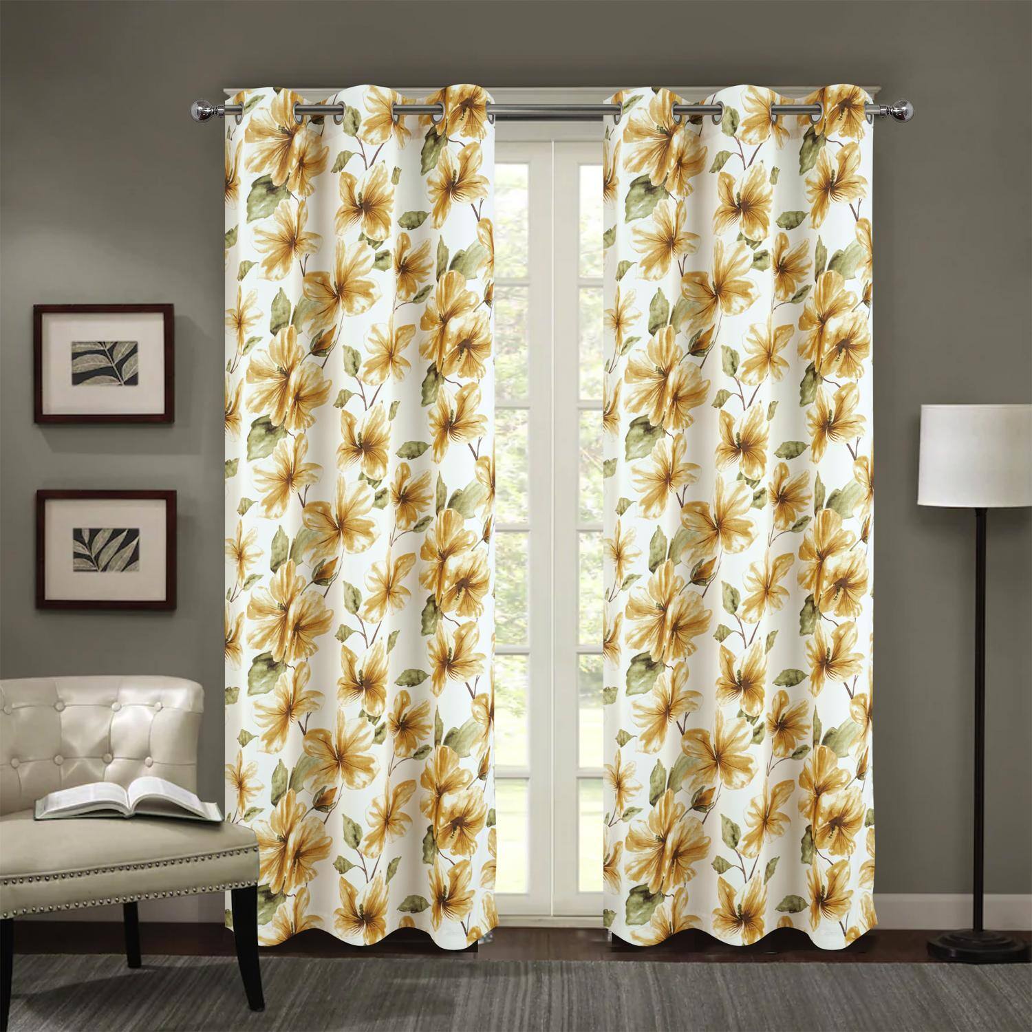 Angle. RT Designers Collection - RT Designer Collection April Printed Blackout Luxurious Decorative Grommet Curtain Panel 54" x 84" Gold - Gold.