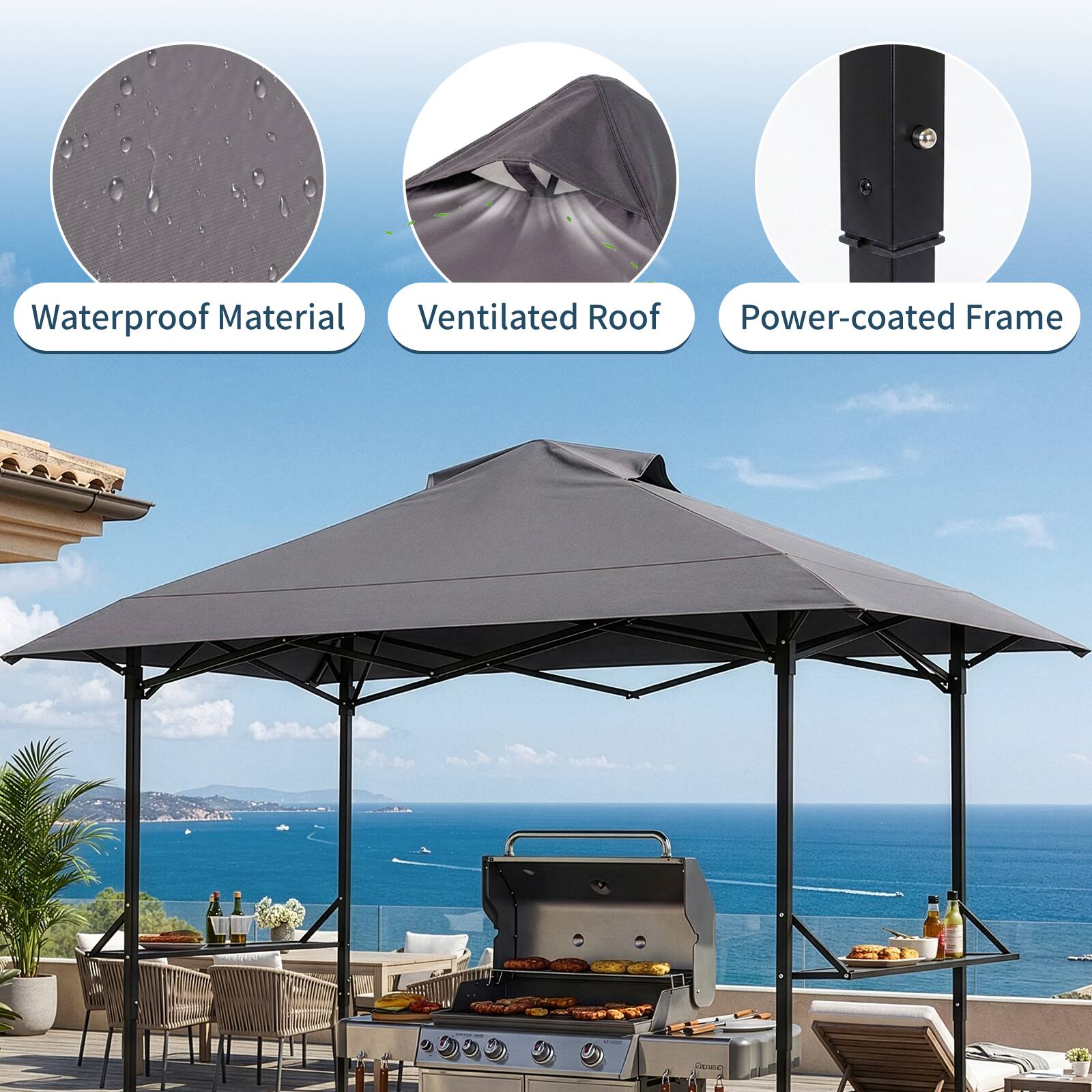 Waterproof Material  
Ventilated Roof  
Power-coated Frame