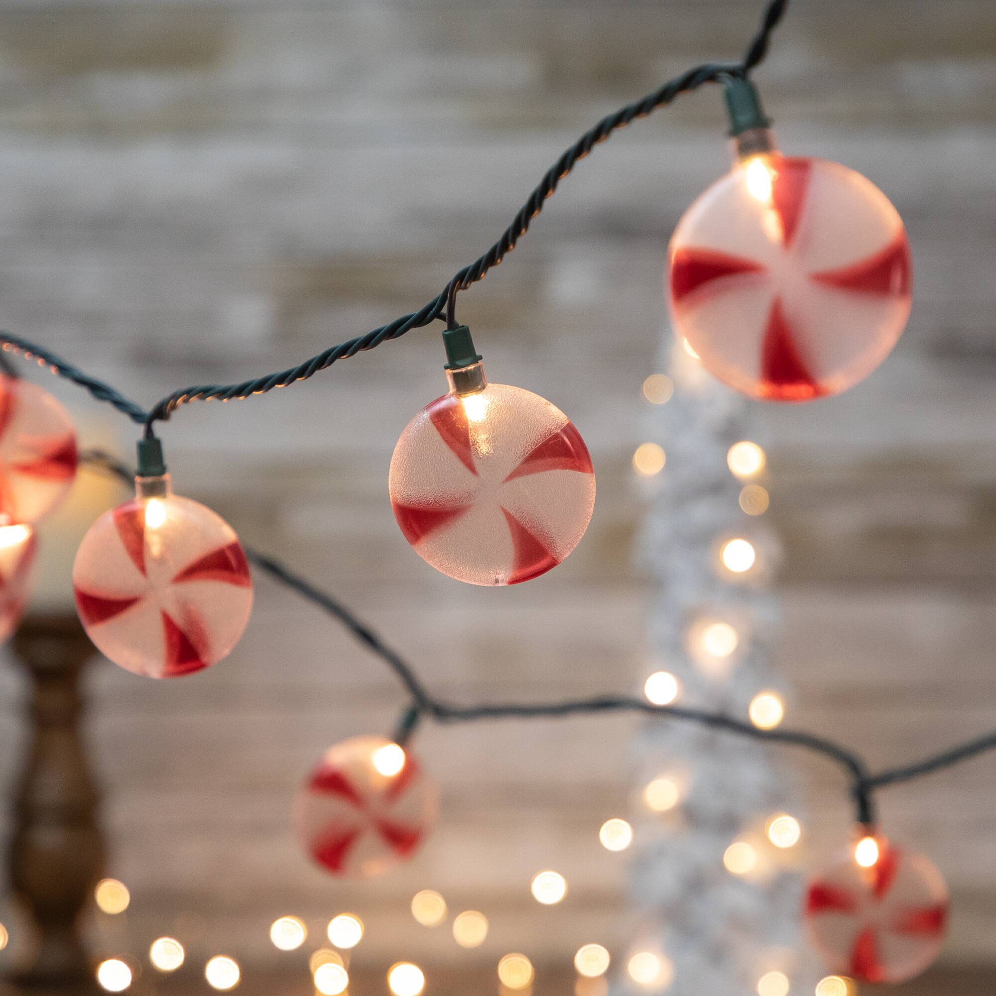 Front. Northlight - Peppermint Candies Christmas Lights - 6ft Green Wire - 10ct - Red.