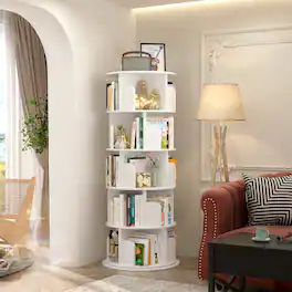 Aheaplus - 5-Tier Rotating Bookshelf, 360° Spinning Bookcase for Home and Office - White